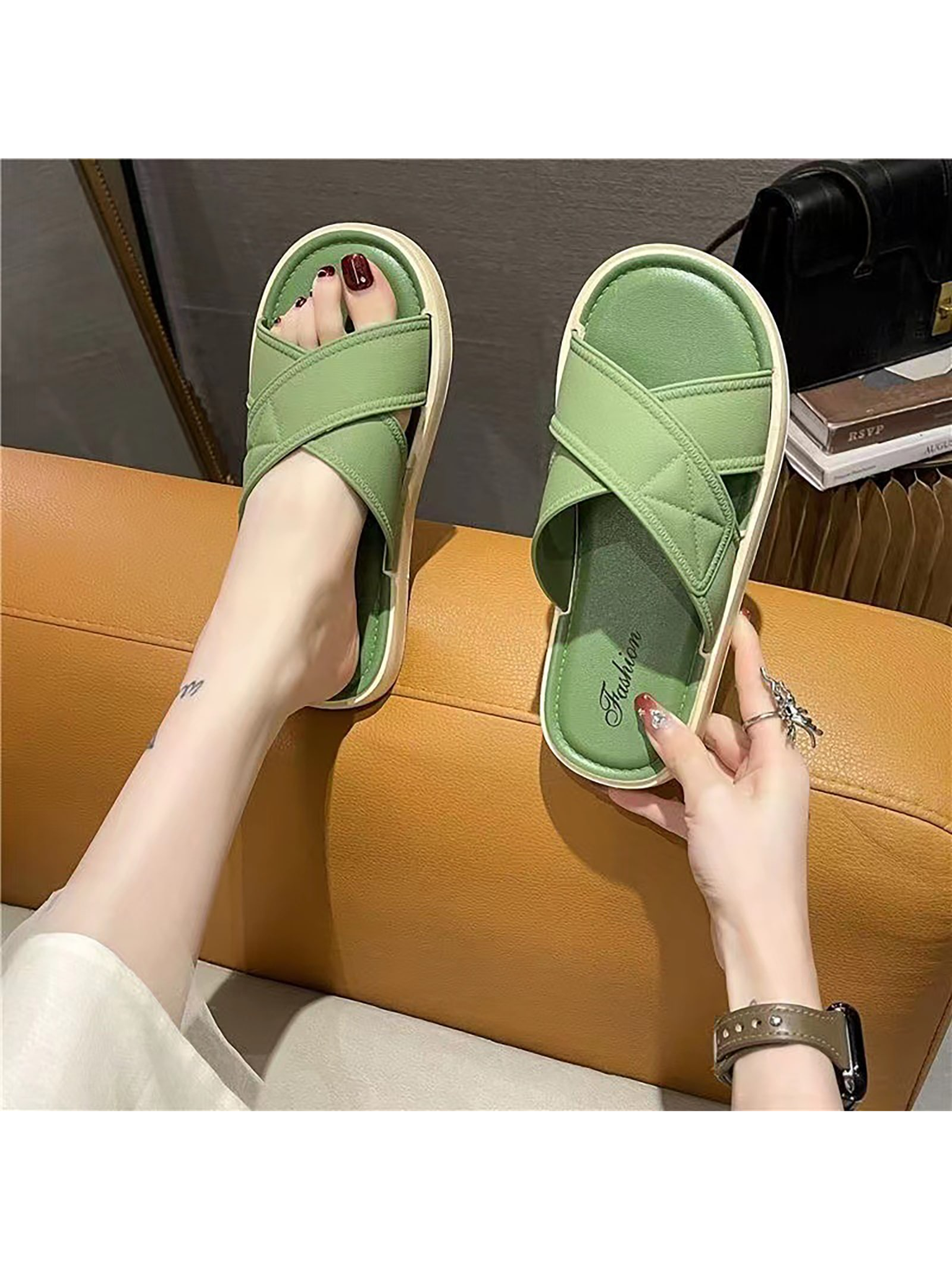 New Arrival Simple, Elegant And Versatile Slippers With Soft Pvc Outsole For Anti-Slip On The Beach And In Home Bathroom - Suitable For Indoor And Outdoor Wear, Giving You A Chic And Fresh Ins Look-Green-2