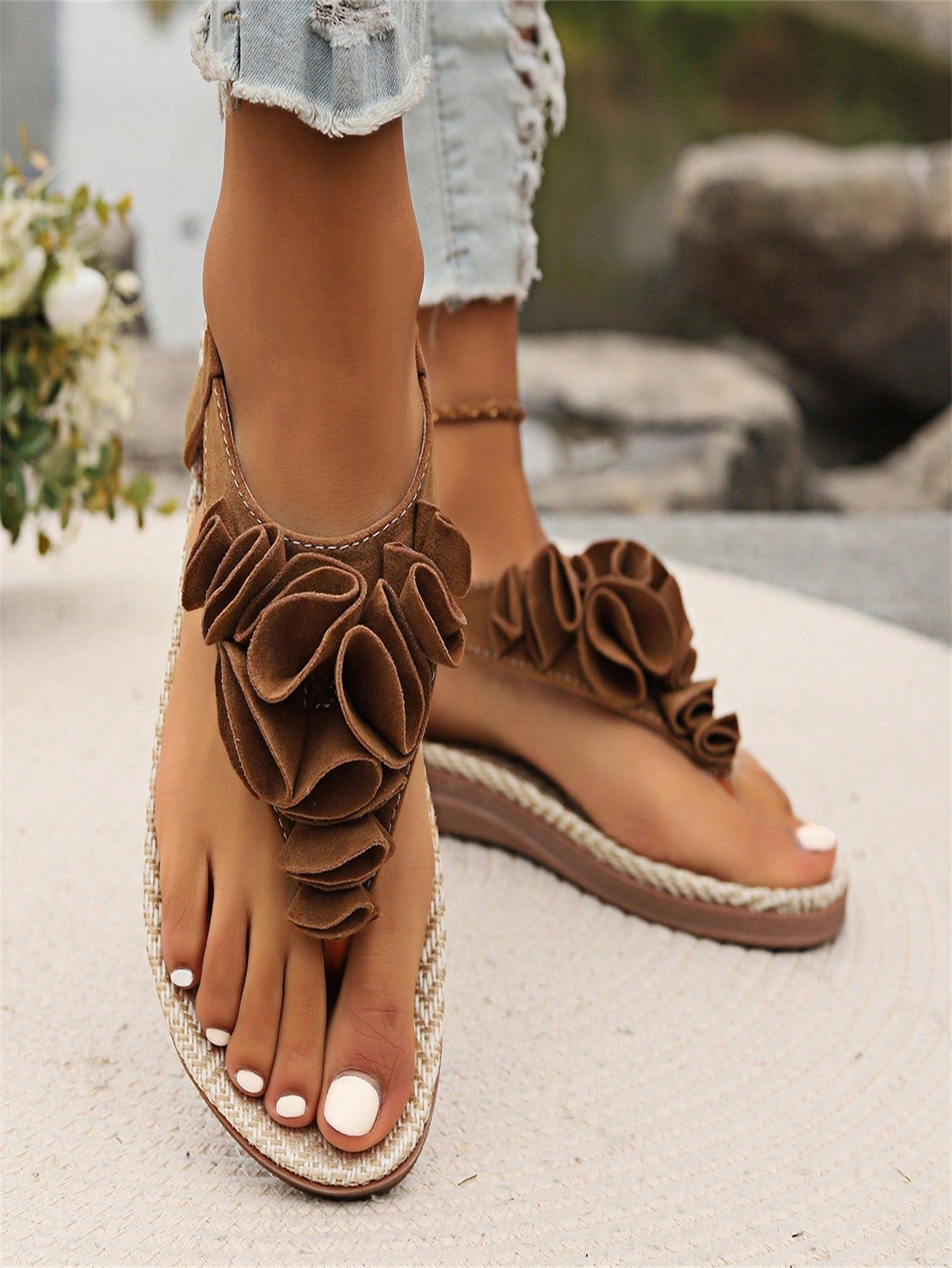 2024 Summer New Roman Style Women's Sandals, Open-Toed Flat Casual Lady Shoes, Teenage Girls' Beach Sandals-Brown-1