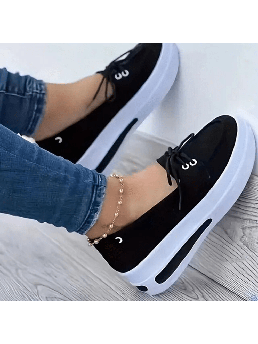 Women Block Shoes Slip On Closed Toe Platform Flat Wedge Casual Lace Up Sneakers-Black-1