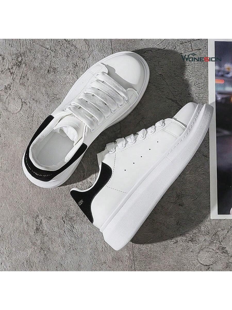 Wonesion Men Women White Shoes Unisex Breathable Lightweight Leather Lace Up Platform Oversized Sneakers Casual Couple Shoes-Black-2