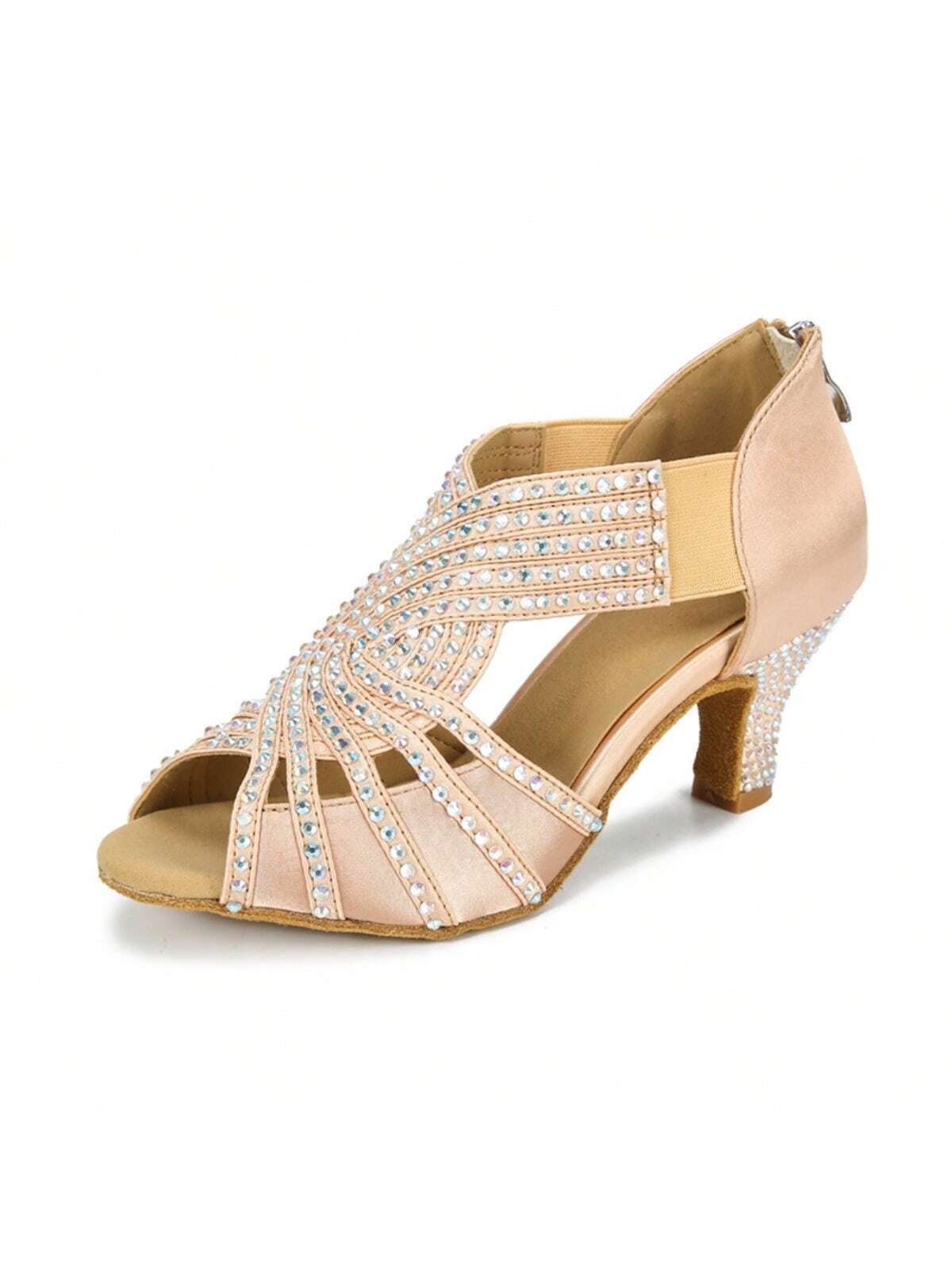 1 Pair Apricot Diamond-studded Satin Fashionable Comfortable Mid-heel Latin Dance Tango Dance Social Dance Shoes-Apricot-1