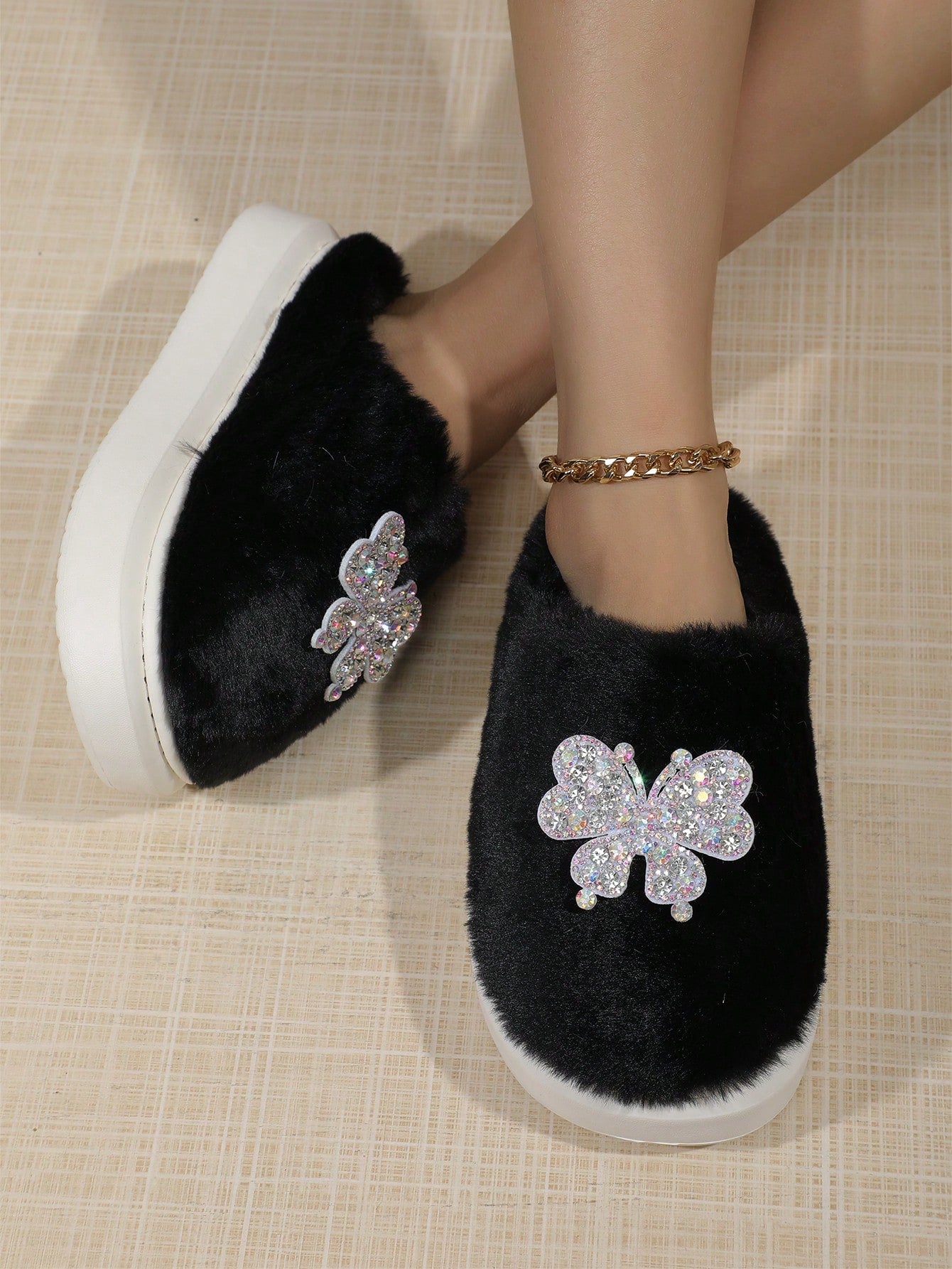 'S Autumn/Winter Warm Home Slippers With Butterfly Decoration, Plush & Thickened-Black-1