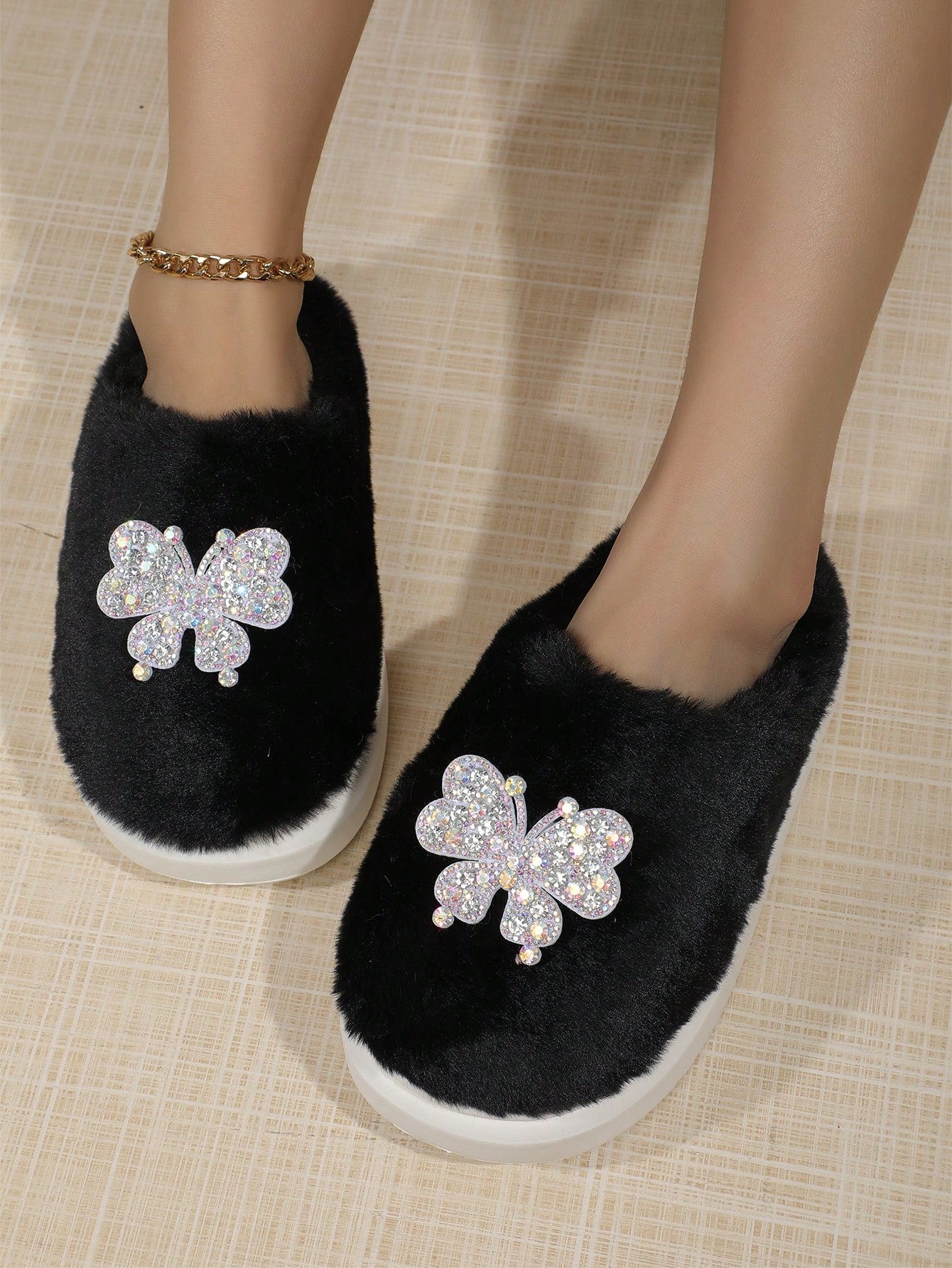 'S Autumn/Winter Warm Home Slippers With Butterfly Decoration, Plush & Thickened-Black-2