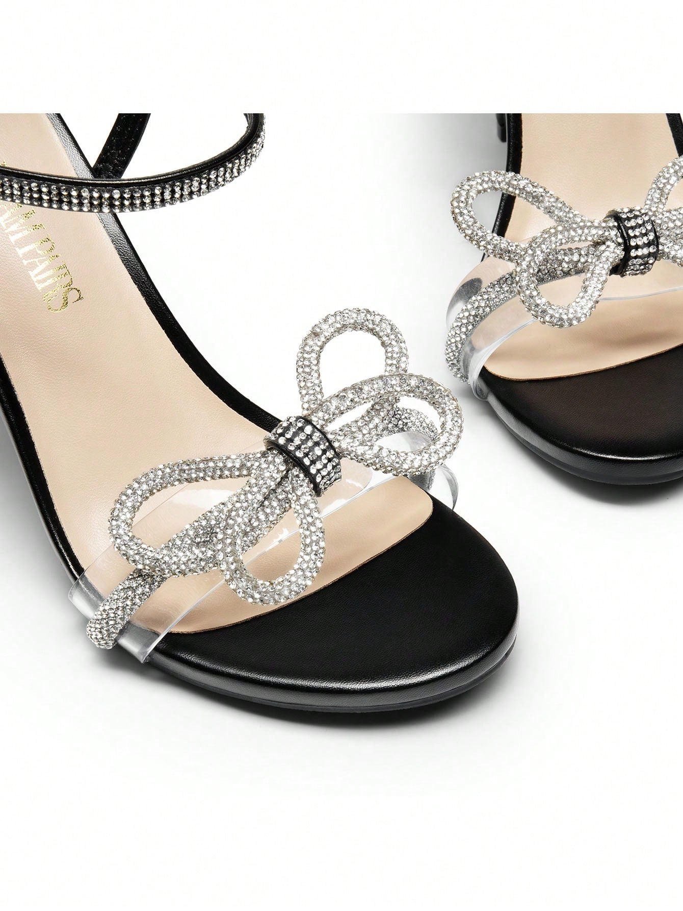 Women Double Bowknots Crystal Heeled Sandals, Open Toe Sparkly Stilettos Summer Sandals For Party Wedding Prom-Black-6