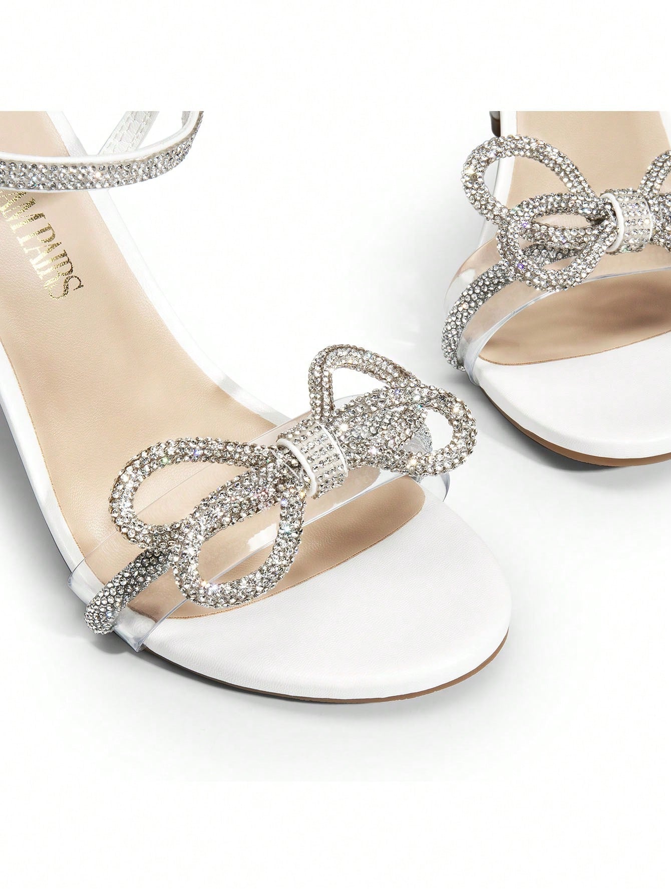 Women Double Bowknots Crystal Heeled Sandals, Open Toe Sparkly Stilettos Summer Sandals For Party Wedding Prom-White-6