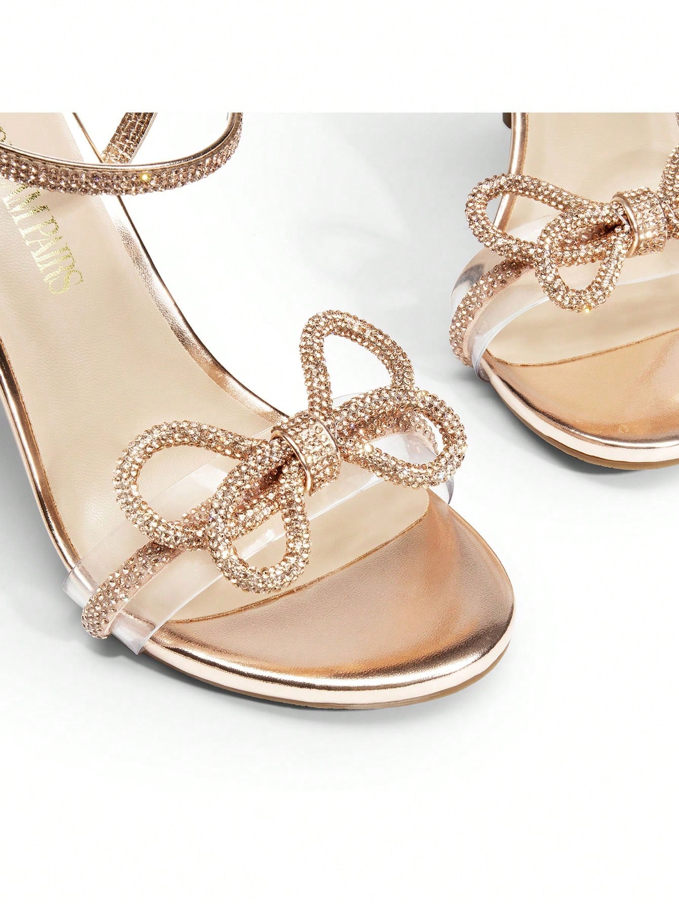 Women Double Bowknots Crystal Heeled Sandals, Open Toe Sparkly Stilettos Summer Sandals For Party Wedding Prom-Rose Gold-6