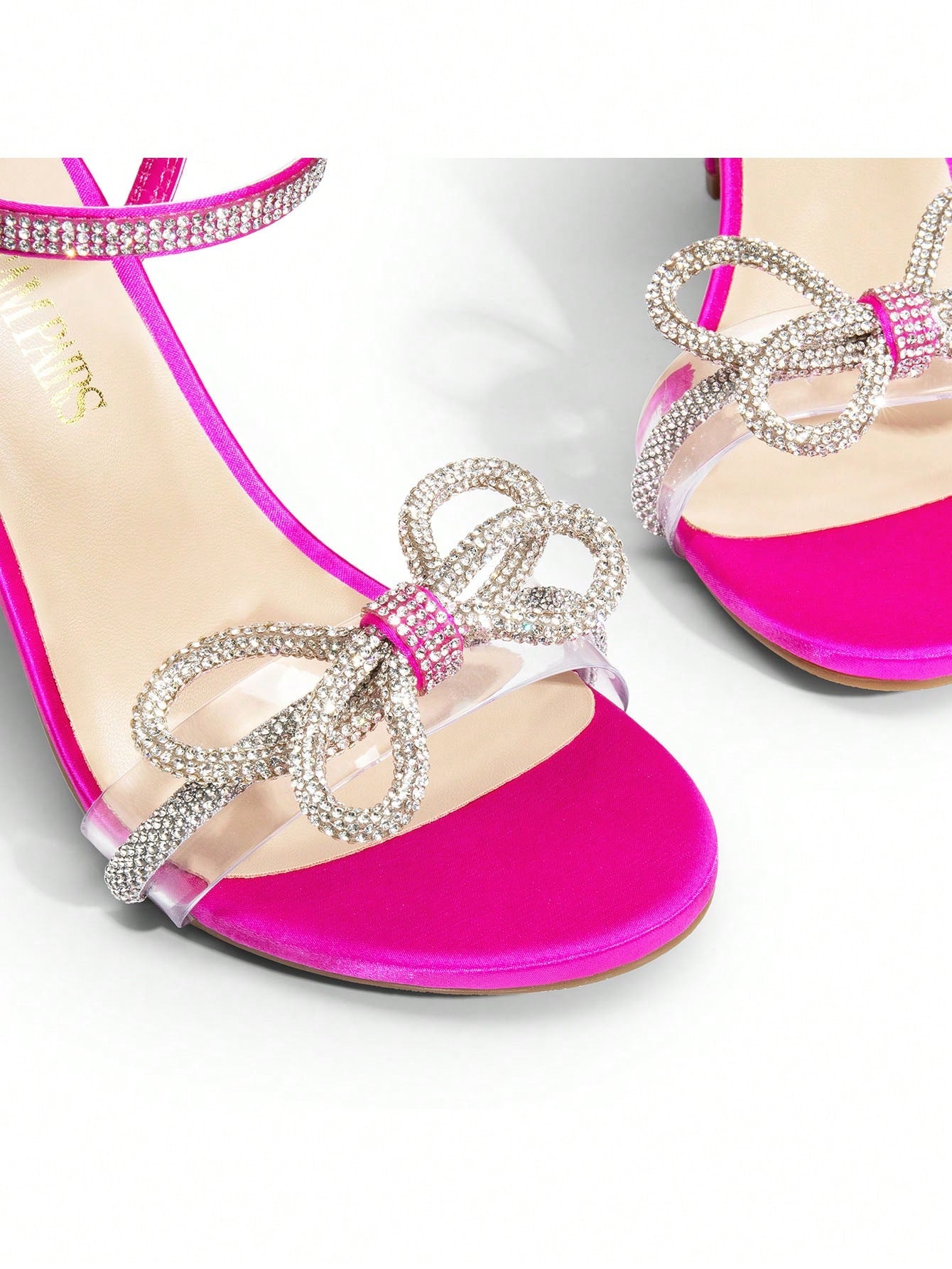Women Double Bowknots Crystal Heeled Sandals, Open Toe Sparkly Stilettos Summer Sandals For Party Wedding Prom-Hot Pink-6