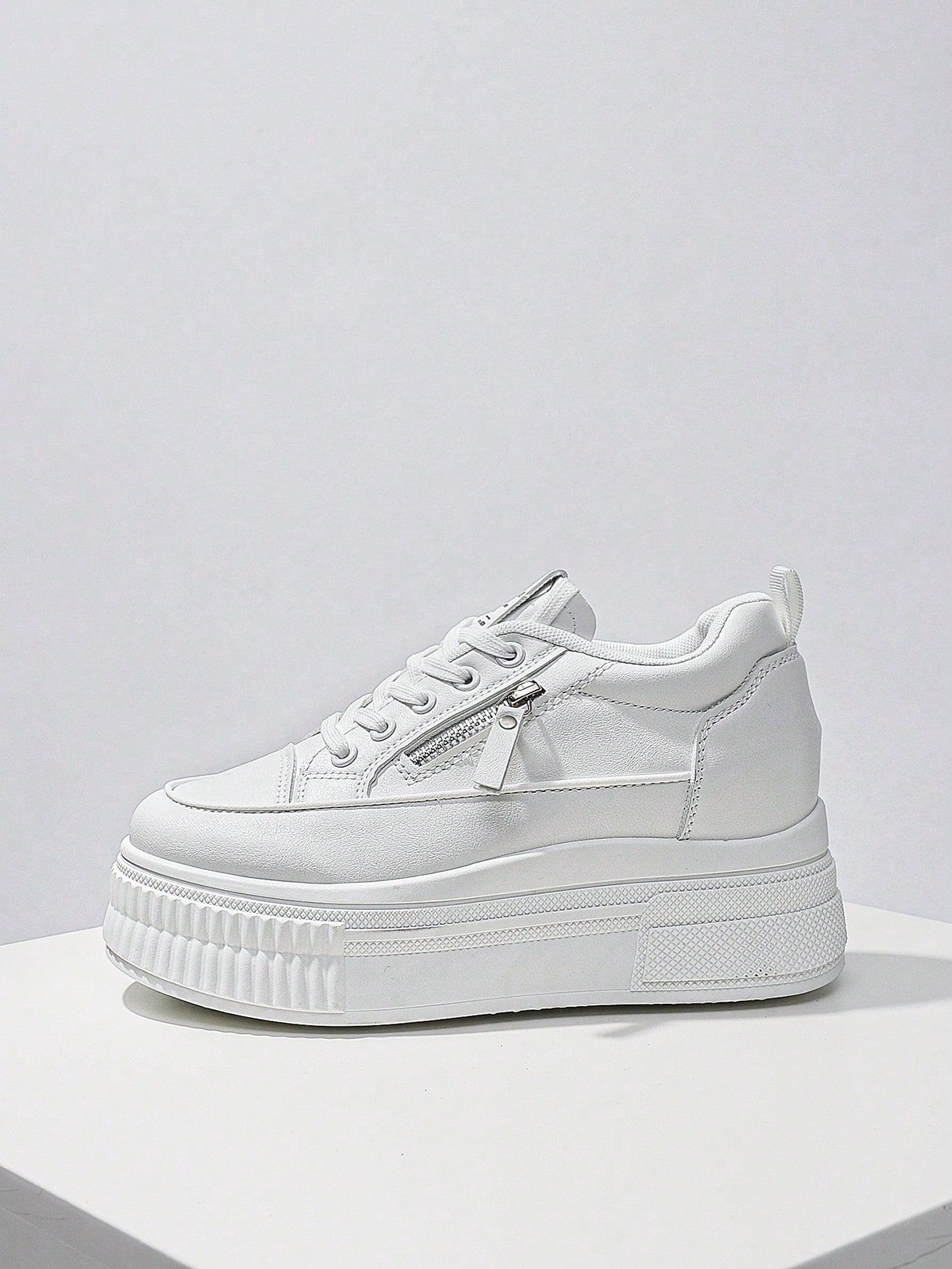 New Style Casual Shoes For Women, Ladies Platform Shoes With  Zipper, White Shoes, Outdoor Comfortable Sneakers, Internal Increase 5cm, Party Shoes, Suitable For Short Women-White-6