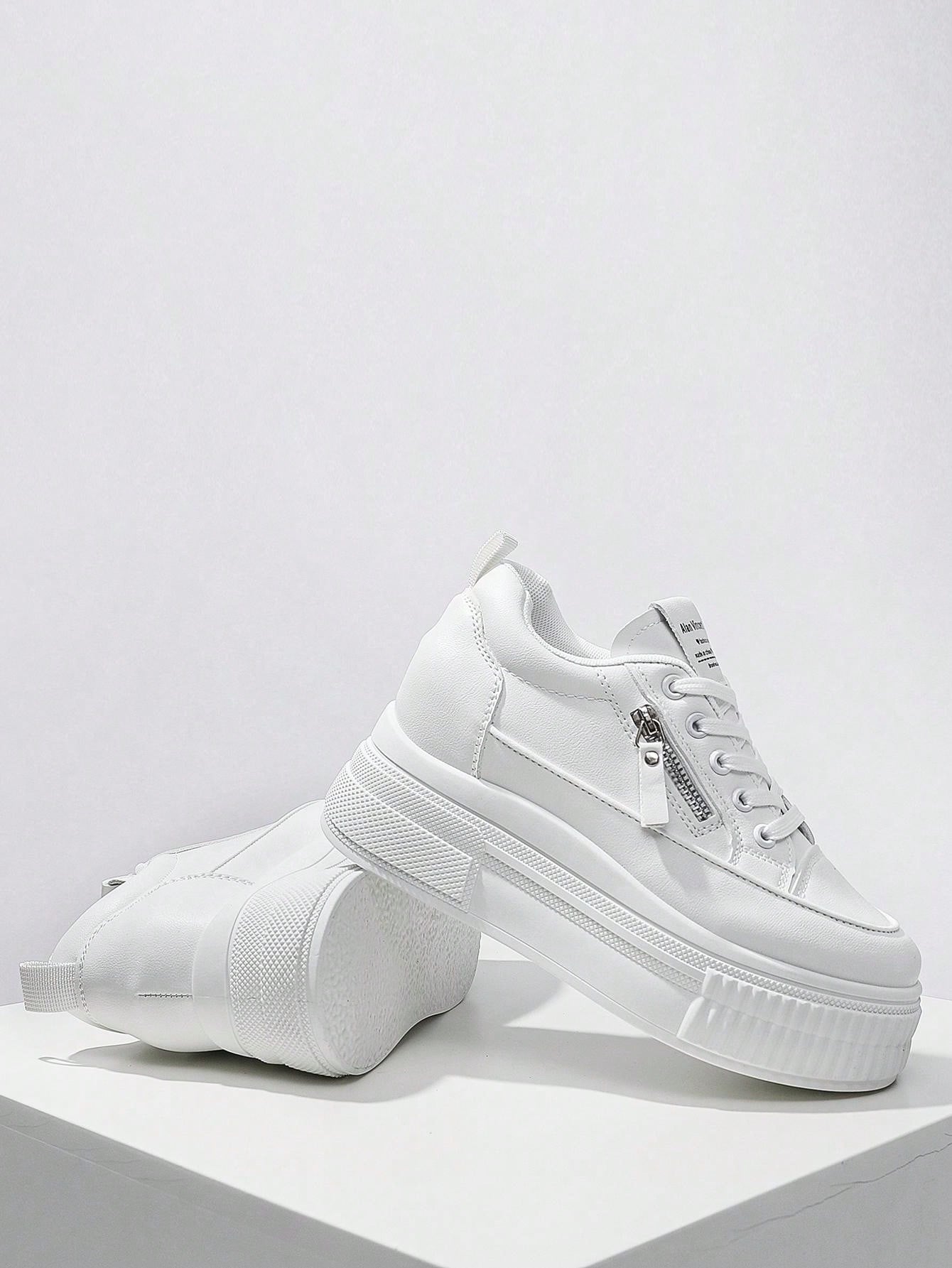 New Style Casual Shoes For Women, Ladies Platform Shoes With  Zipper, White Shoes, Outdoor Comfortable Sneakers, Internal Increase 5cm, Party Shoes, Suitable For Short Women-White-11