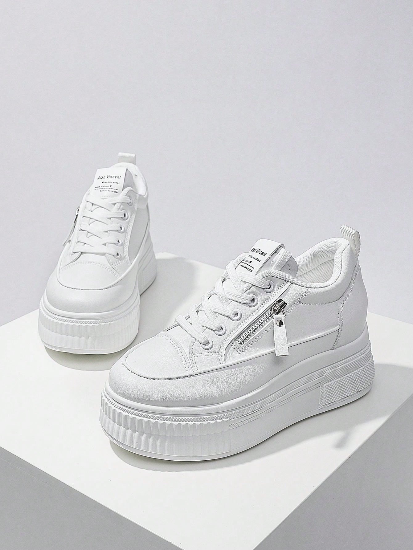 New Style Casual Shoes For Women, Ladies Platform Shoes With  Zipper, White Shoes, Outdoor Comfortable Sneakers, Internal Increase 5cm, Party Shoes, Suitable For Short Women-White-9
