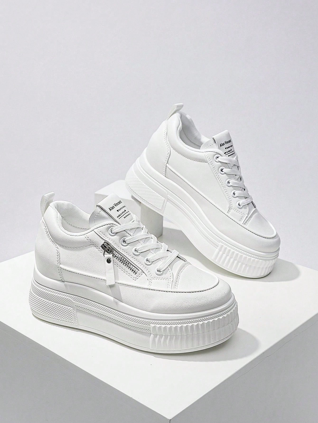 New Style Casual Shoes For Women, Ladies Platform Shoes With  Zipper, White Shoes, Outdoor Comfortable Sneakers, Internal Increase 5cm, Party Shoes, Suitable For Short Women-White-8