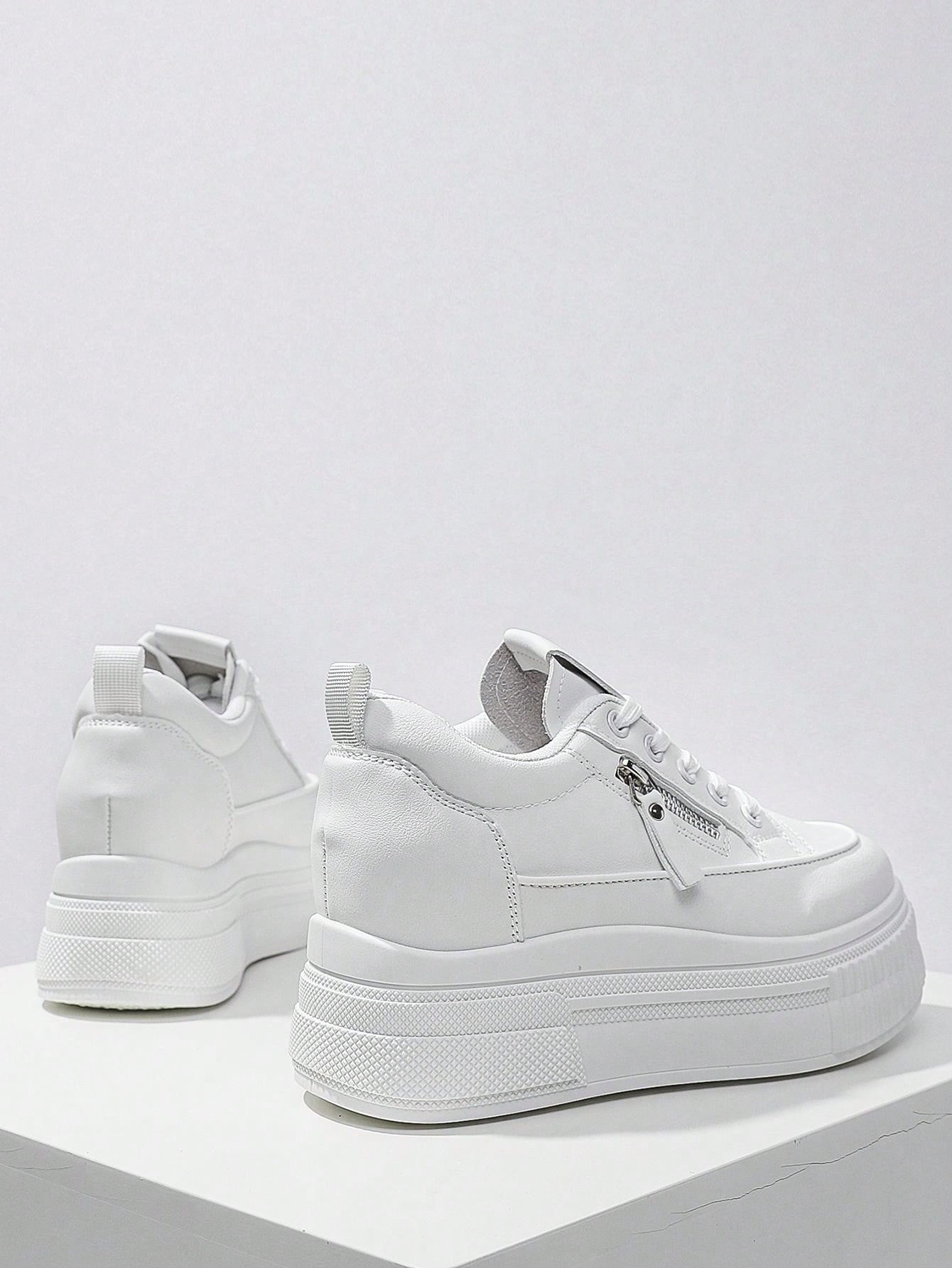 New Style Casual Shoes For Women, Ladies Platform Shoes With  Zipper, White Shoes, Outdoor Comfortable Sneakers, Internal Increase 5cm, Party Shoes, Suitable For Short Women-White-10