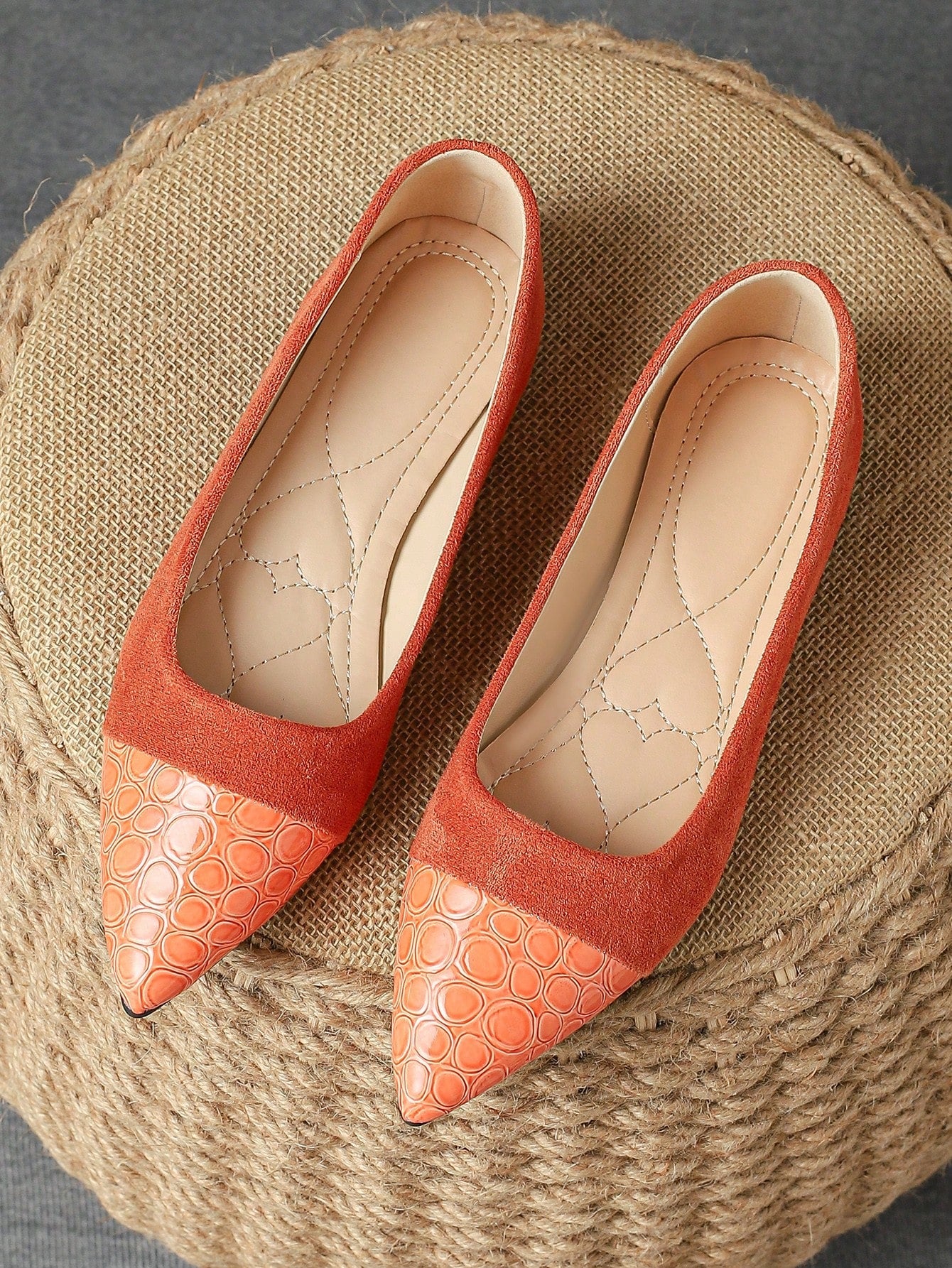 Women's Spliced Pointed Toe Flat Shoes, Suitable For Daily, Commute, Work, Autumn. Black Color-Orange-1