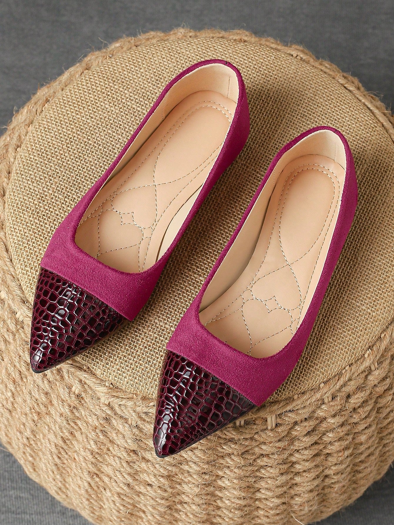 Women's Patchwork Pointed Toe Flat Shoes, Workwear, Black, Autumn-Red Violet-1