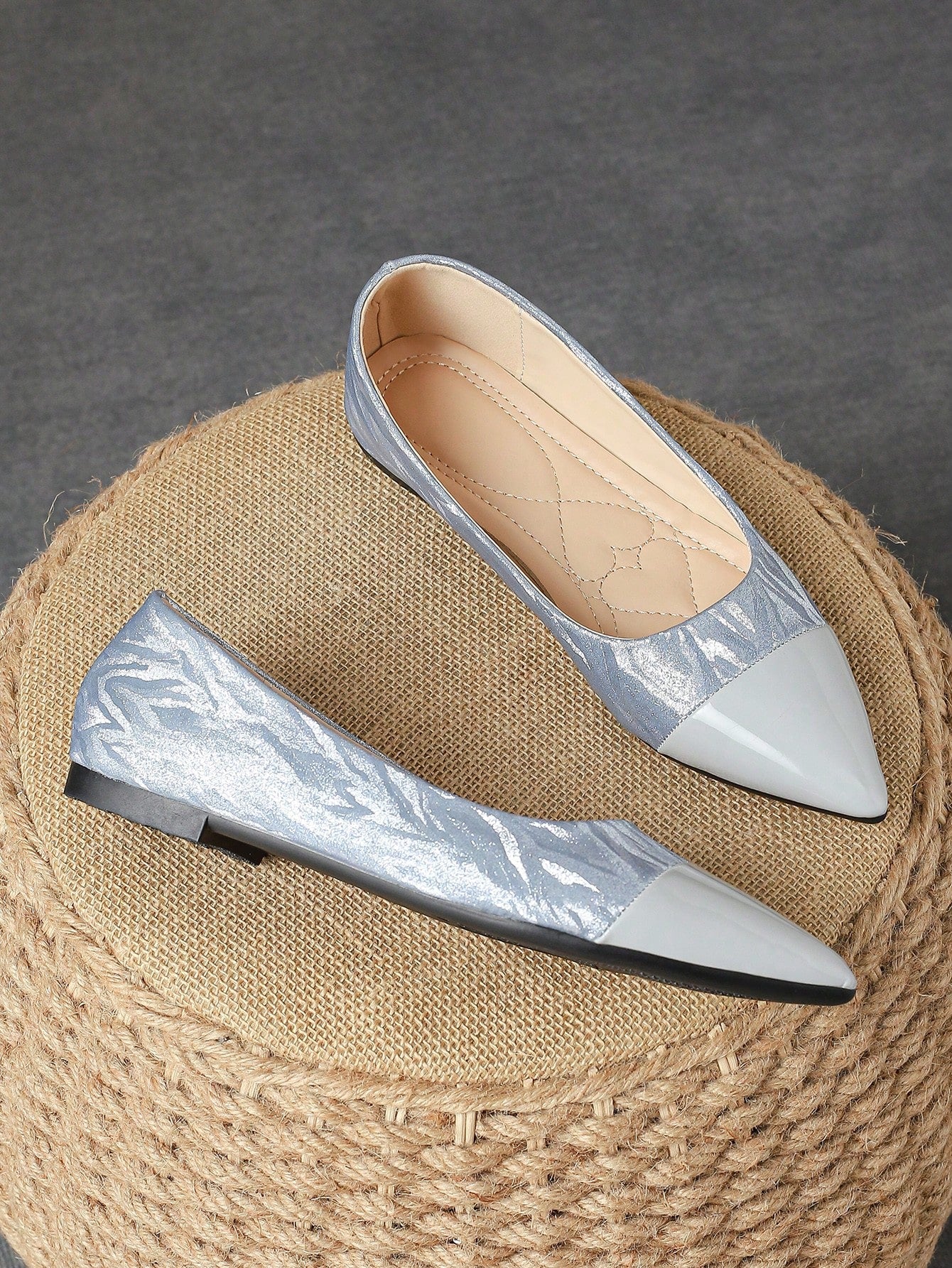 Women's Spliced Pointed Toe Flat Shoes For Daily Commuting, Office Work, Autumn Black Shoes-Grey-2