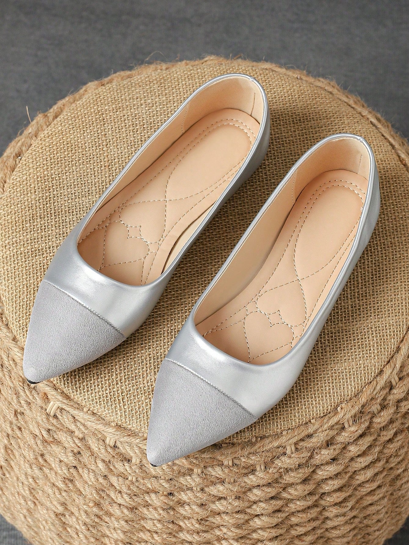 Women's Patchwork Pointy Toe Flat Shoes, Suitable For Daily Commute And Work, Autumn Black Slip-Ons-Light Grey-1