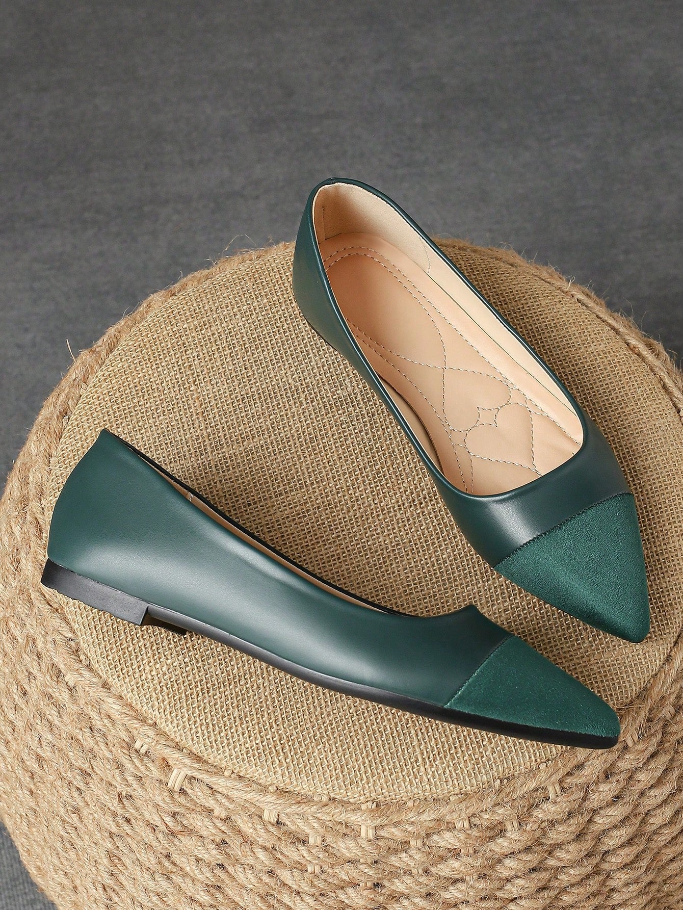 Women's Patchwork Pointed Toe Flat Shoes, Suitable For Daily Commuting And Office Work In Autumn, Black-Olive Green-2