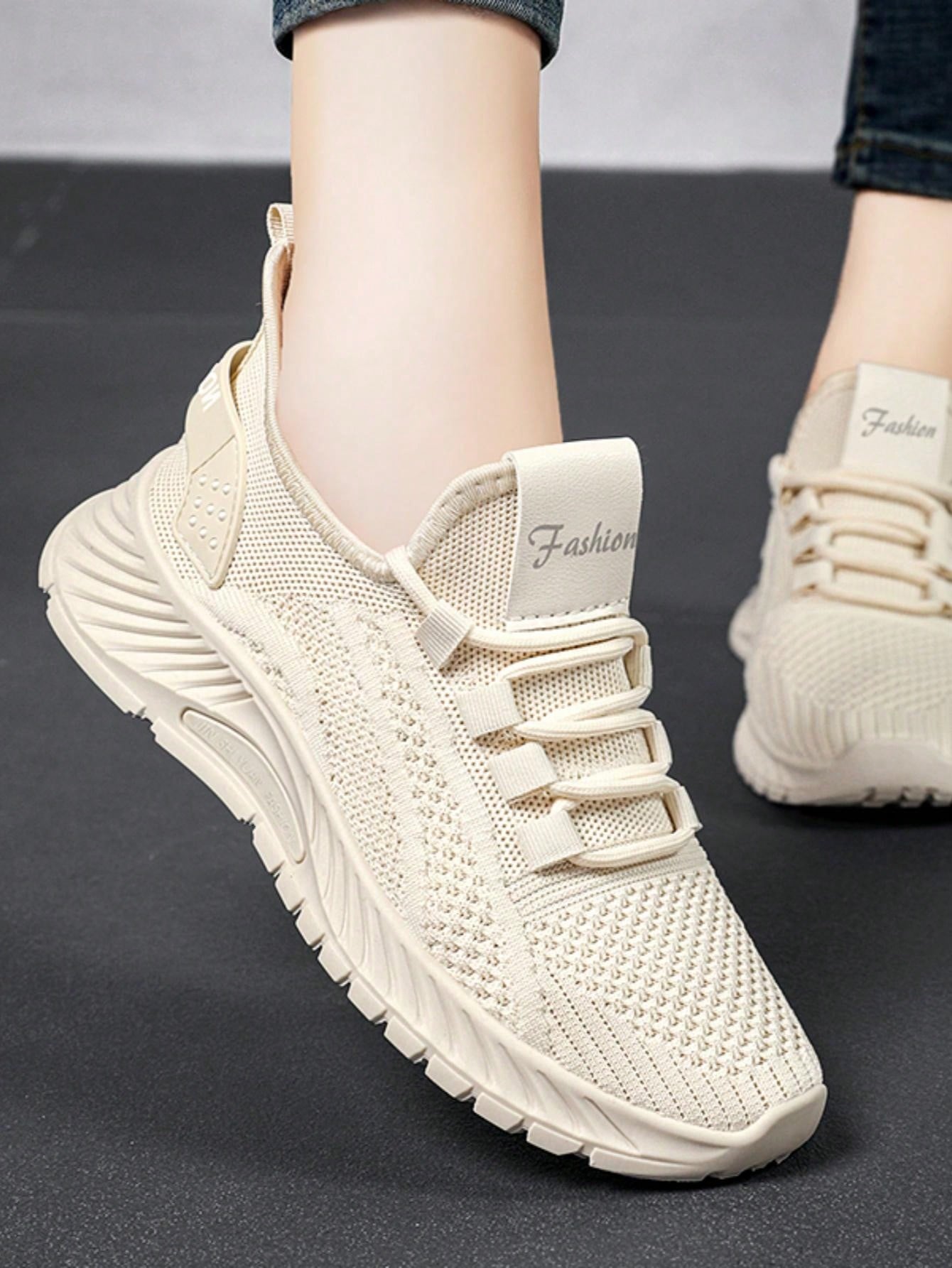 New Season Running Shoes For Women, Lightweight, Comfortable, Shock-Absorbing, Non-Slip, Breathable, Knitted, Casual Athletic Sneakers, Walking Shoes-Beige-5