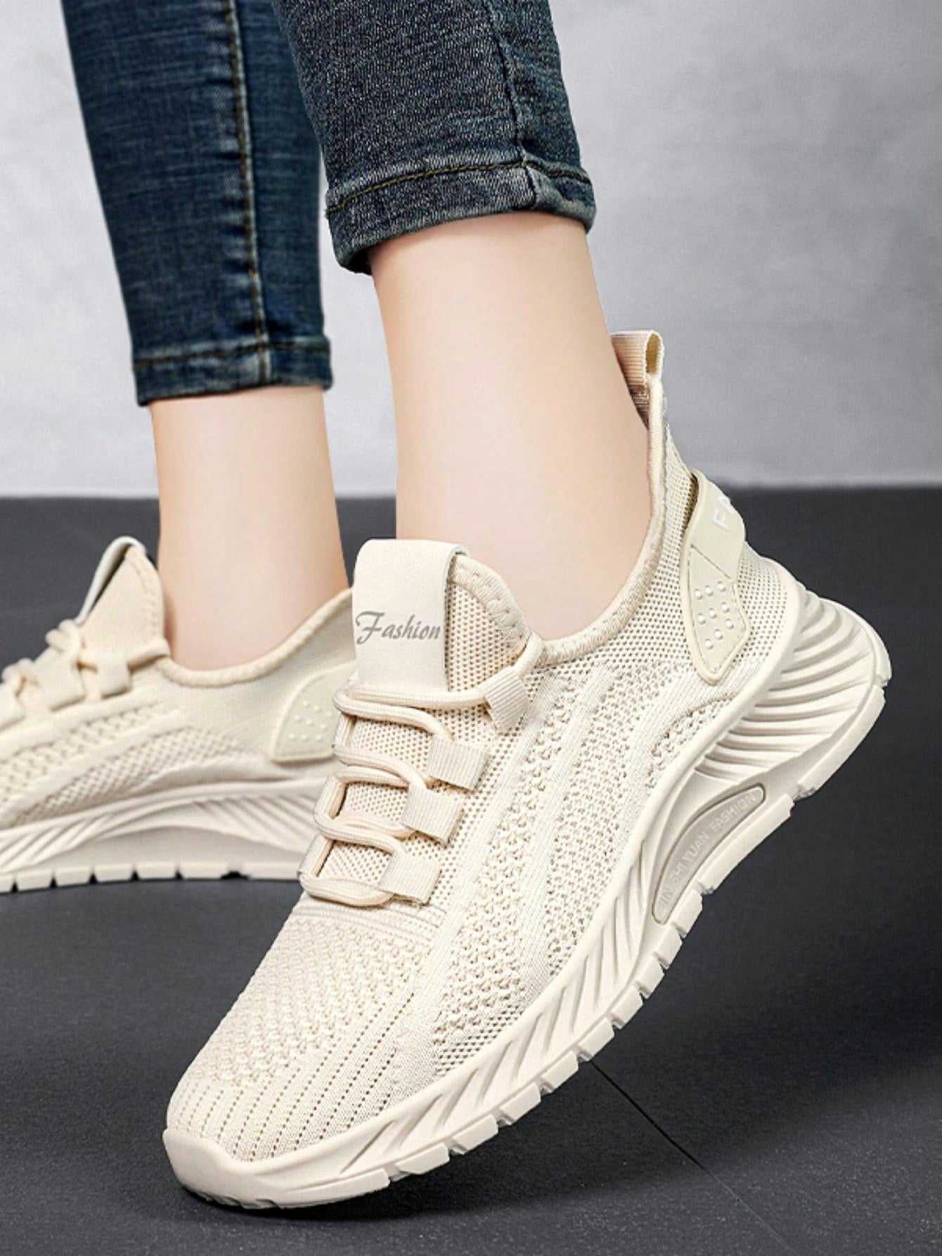 New Season Running Shoes For Women, Lightweight, Comfortable, Shock-Absorbing, Non-Slip, Breathable, Knitted, Casual Athletic Sneakers, Walking Shoes-Beige-6
