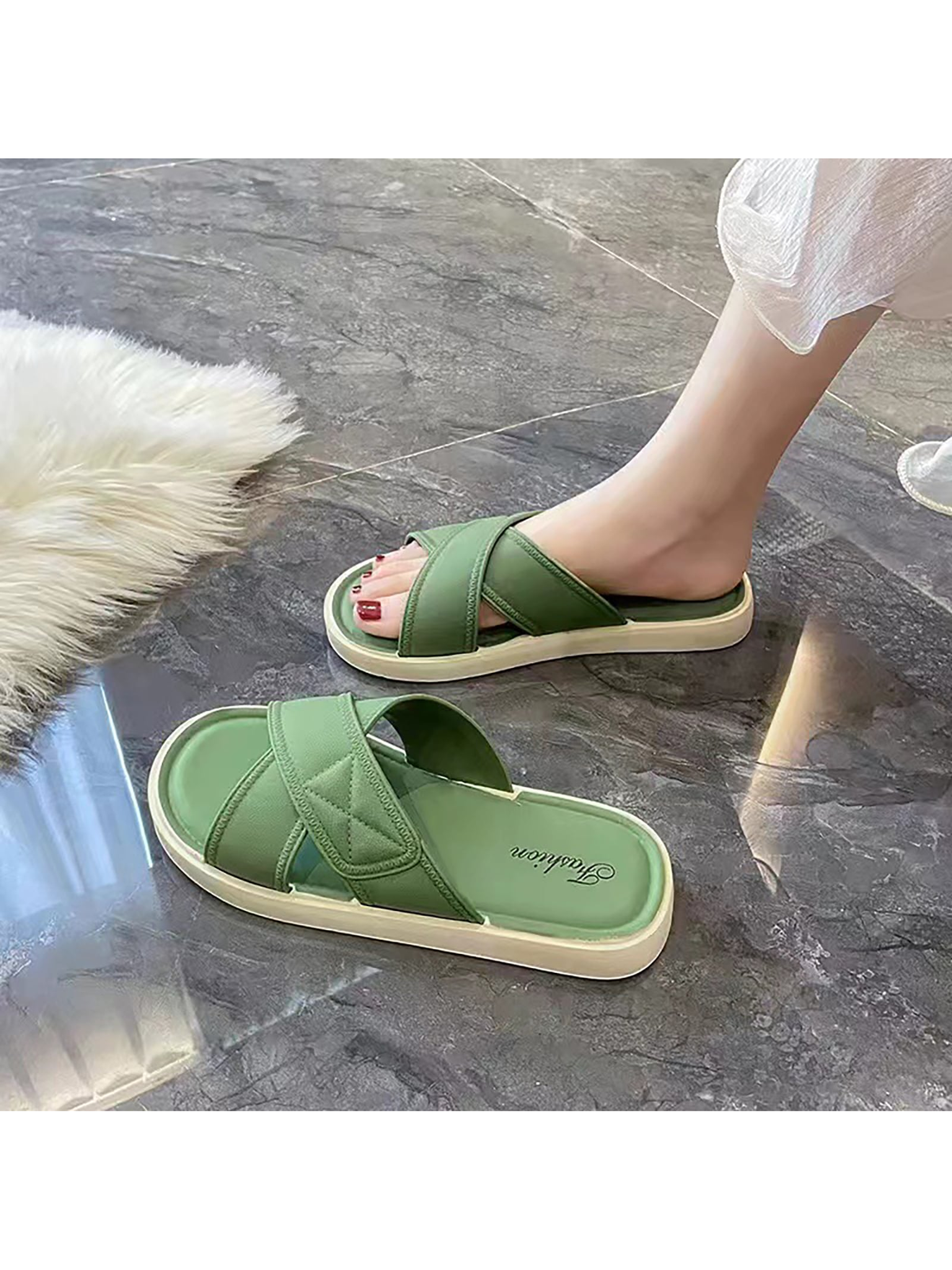New Arrival Simple, Elegant And Versatile Slippers With Soft Pvc Outsole For Anti-Slip On The Beach And In Home Bathroom - Suitable For Indoor And Outdoor Wear, Giving You A Chic And Fresh Ins Look-Green-4