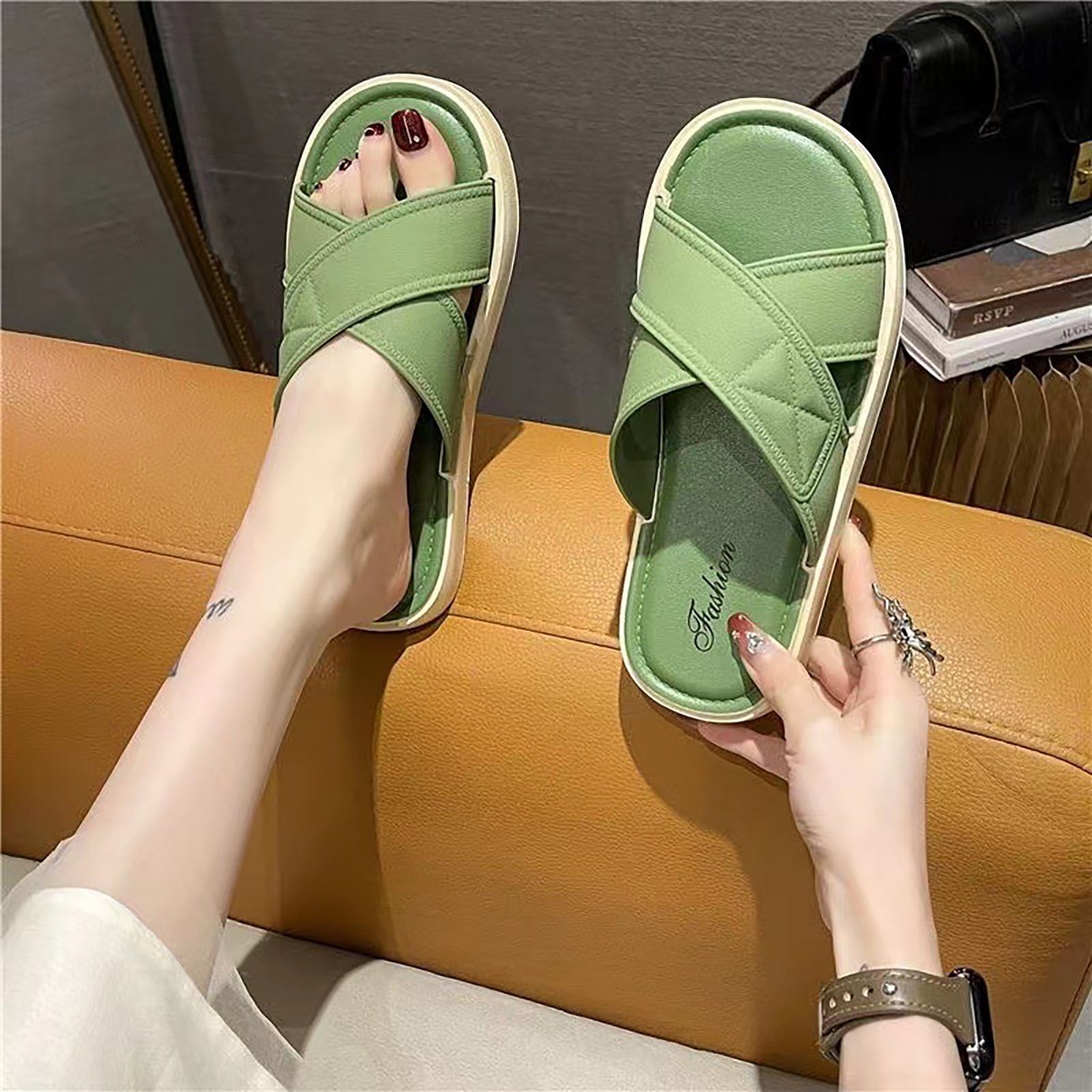 New Arrival Simple, Elegant And Versatile Slippers With Soft Pvc Outsole For Anti-Slip On The Beach And In Home Bathroom - Suitable For Indoor And Outdoor Wear, Giving You A Chic And Fresh Ins Look-Green-8