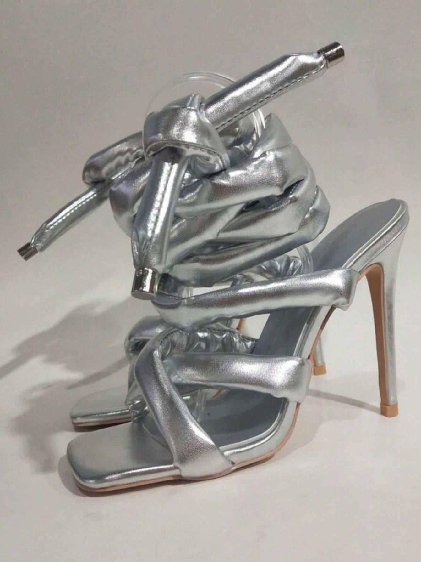 Women\ Square Toe Stiletto Heeled Cross Strap Sandals With Foot Ankle Wrap And Large Size Roman Shoes-Silver-1