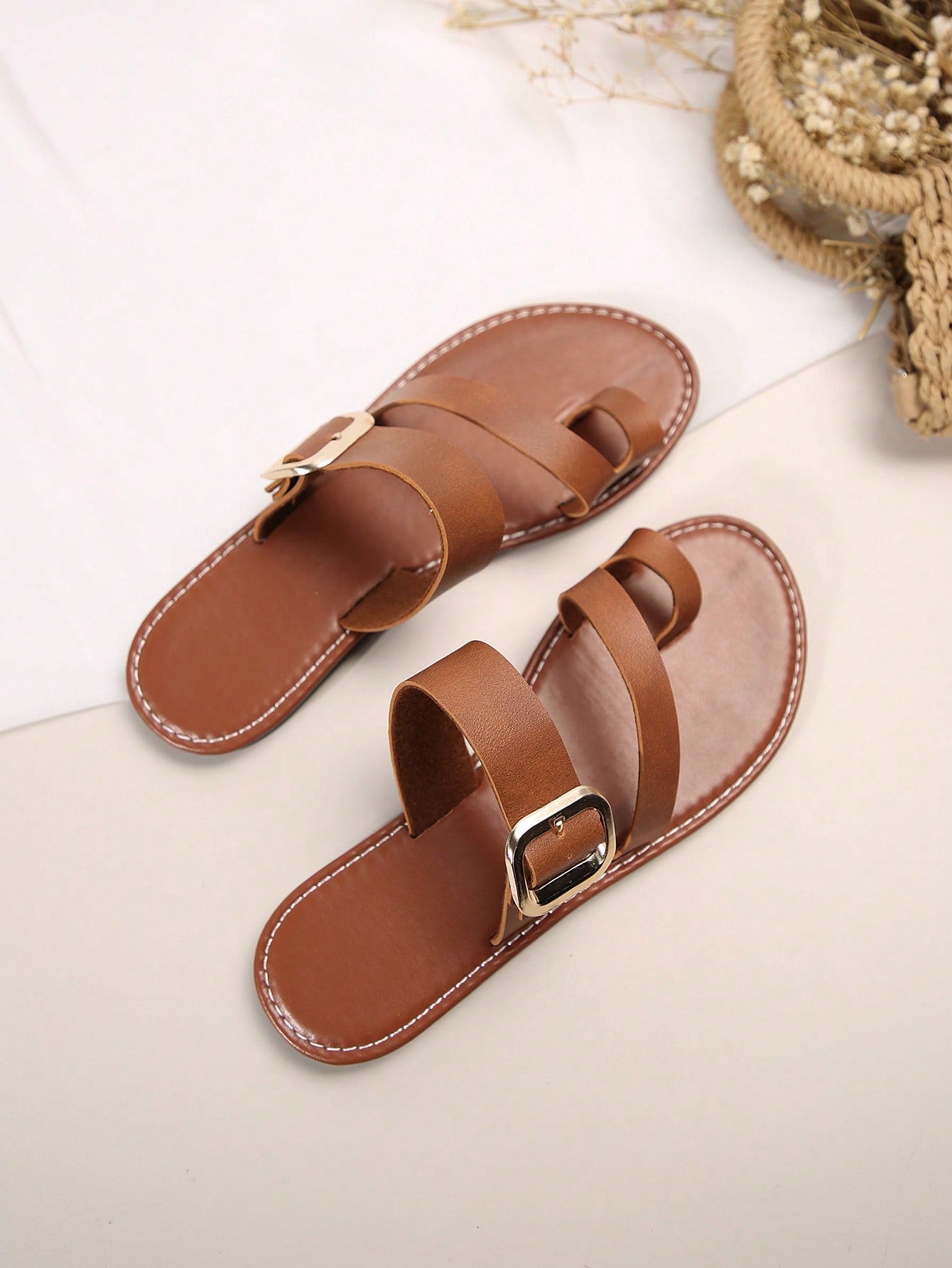 2024 New Summer Women Slide Sandals Toe Loop Fashion Decorative Buckle Flat Heel Female Slipper-Brown-6