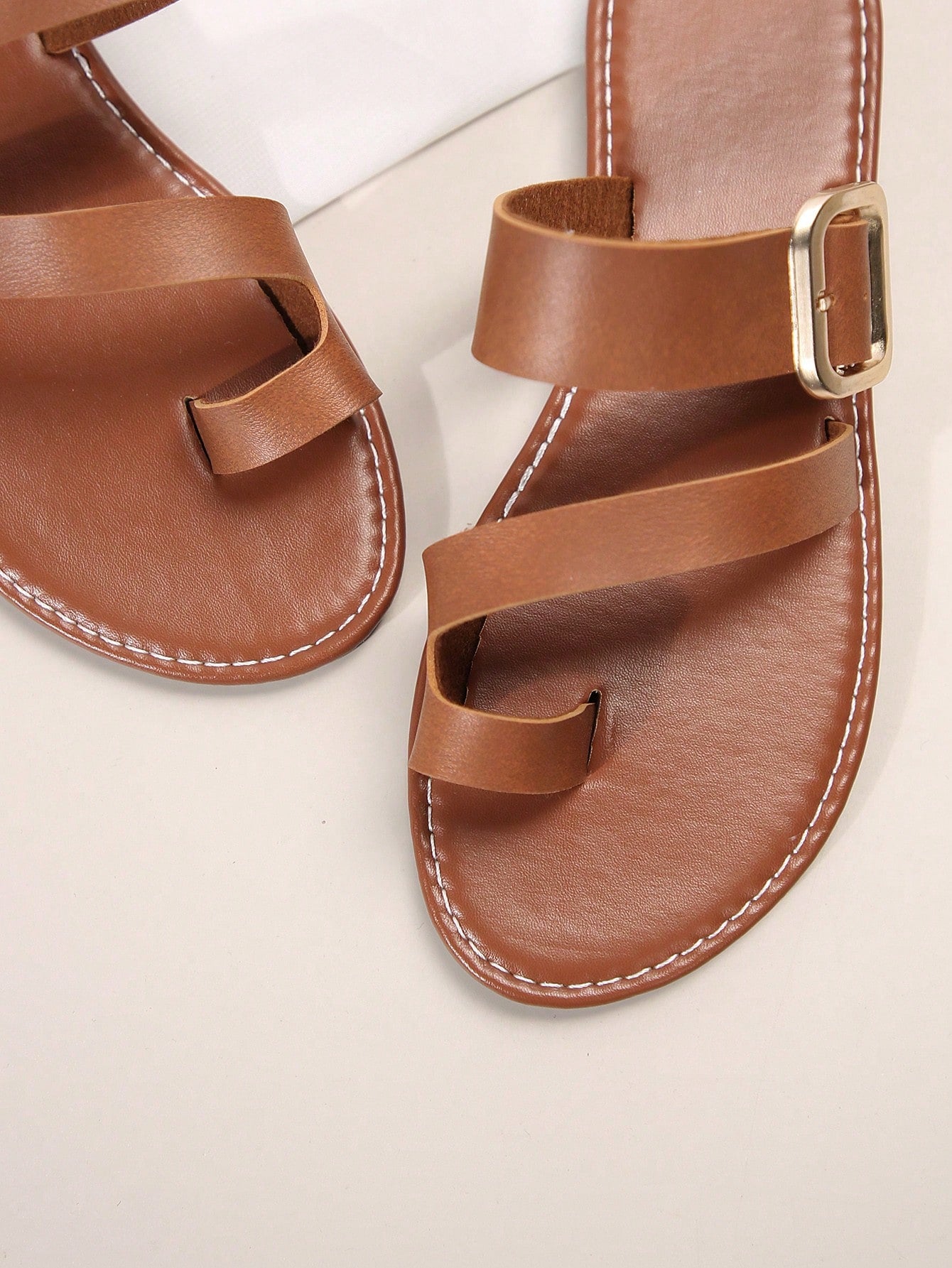 2024 New Summer Women Slide Sandals Toe Loop Fashion Decorative Buckle Flat Heel Female Slipper-Brown-7