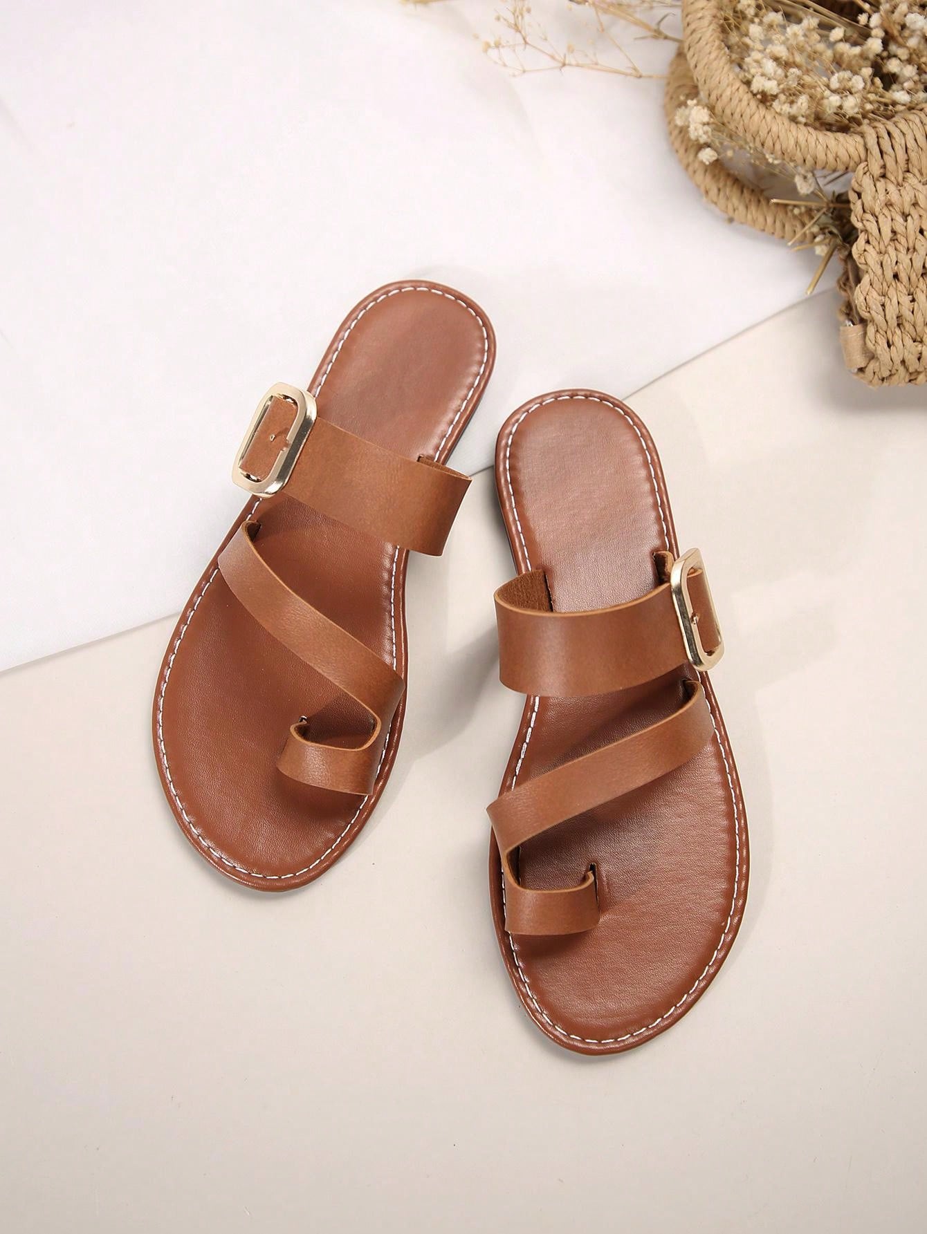 2024 New Summer Women Slide Sandals Toe Loop Fashion Decorative Buckle Flat Heel Female Slipper-Brown-12