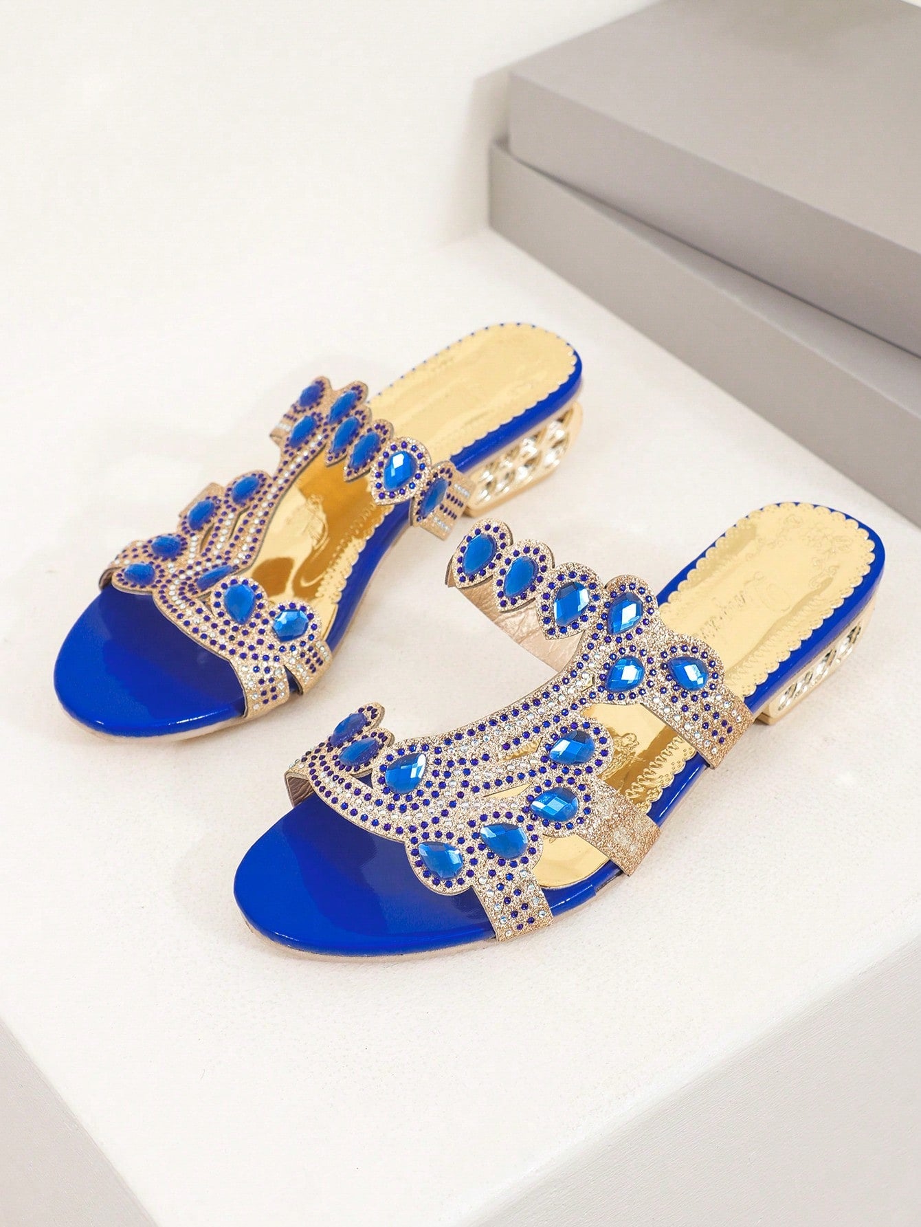 Women's Crystal Embellished Flat & Middle & High Heel Sandals, Casual Open Toe Slipper, Strappy-Blue-2