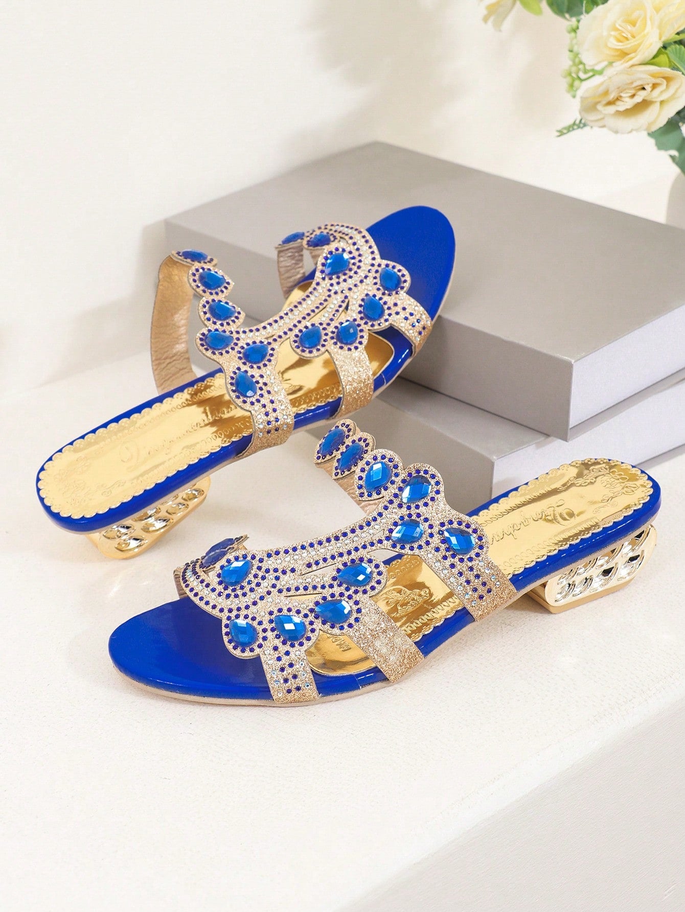 Women's Crystal Embellished Flat & Middle & High Heel Sandals, Casual Open Toe Slipper, Strappy-Blue-1