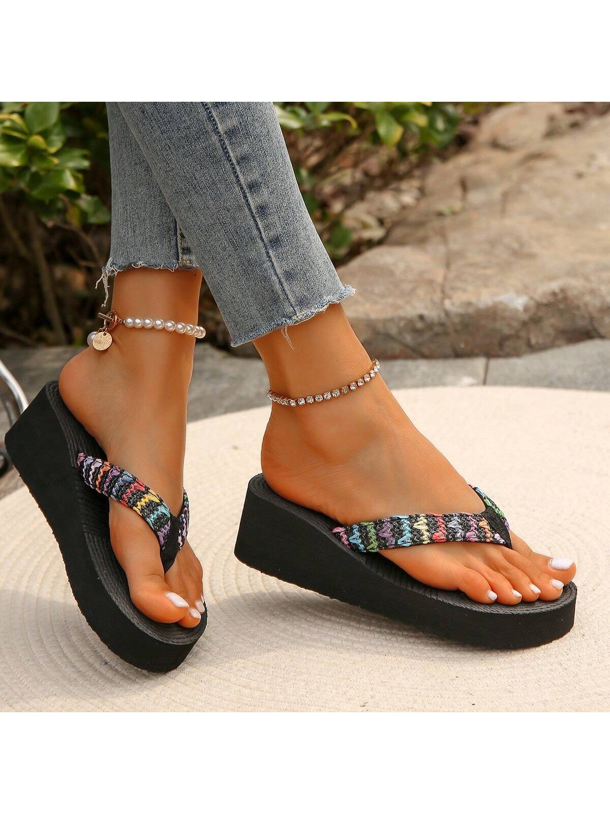 Women Thick-Soled 5cm Wedge Heel  Rope Flip-Flops Shoes, Anti-Slip And Wear-Resistant, Suitable For Casual Beach Holiday, Summer Wind Slope Heeled Slippers-Black-3