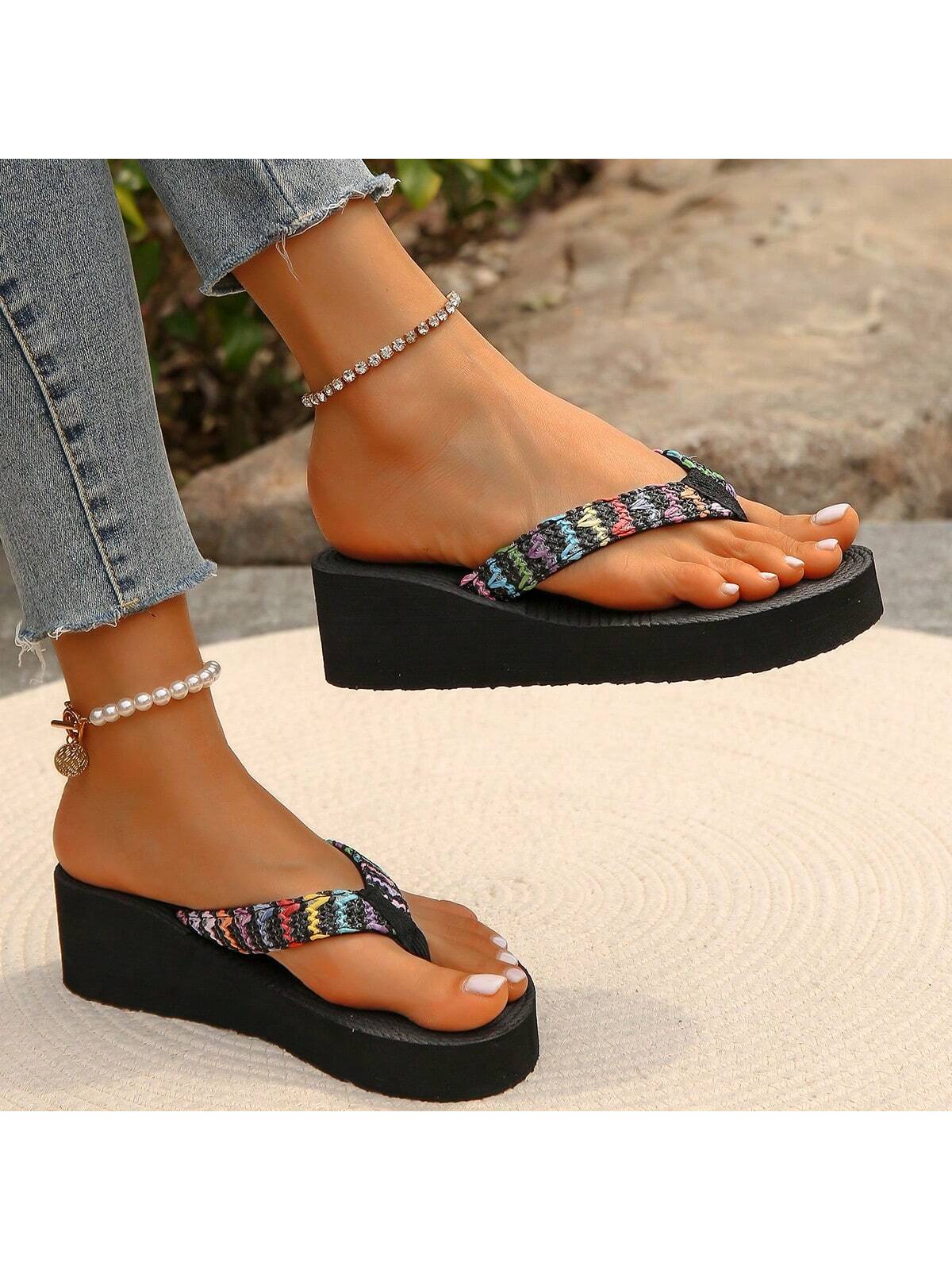 Women Thick-Soled 5cm Wedge Heel  Rope Flip-Flops Shoes, Anti-Slip And Wear-Resistant, Suitable For Casual Beach Holiday, Summer Wind Slope Heeled Slippers-Black-4