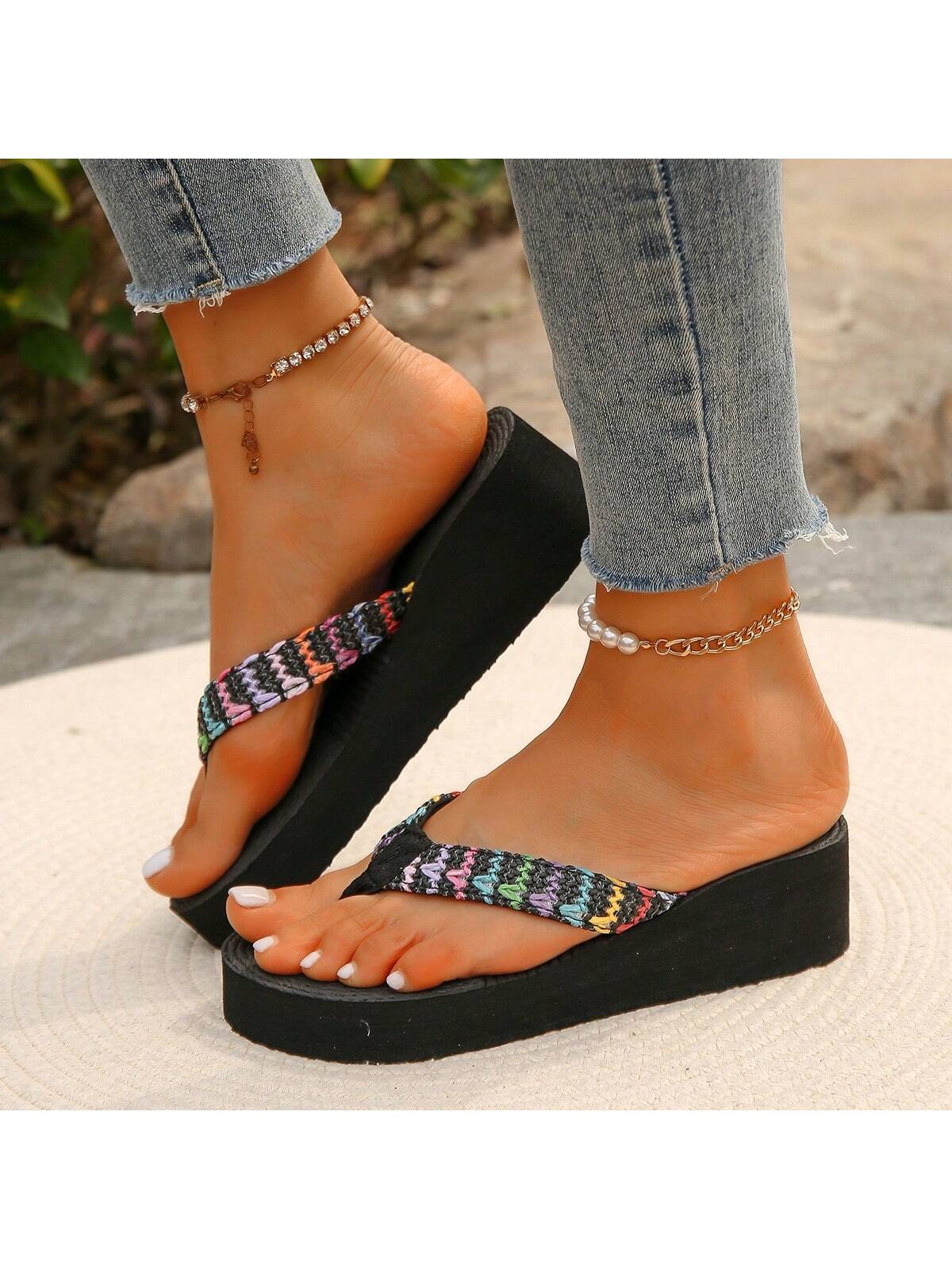 Women Thick-Soled 5cm Wedge Heel  Rope Flip-Flops Shoes, Anti-Slip And Wear-Resistant, Suitable For Casual Beach Holiday, Summer Wind Slope Heeled Slippers-Black-5