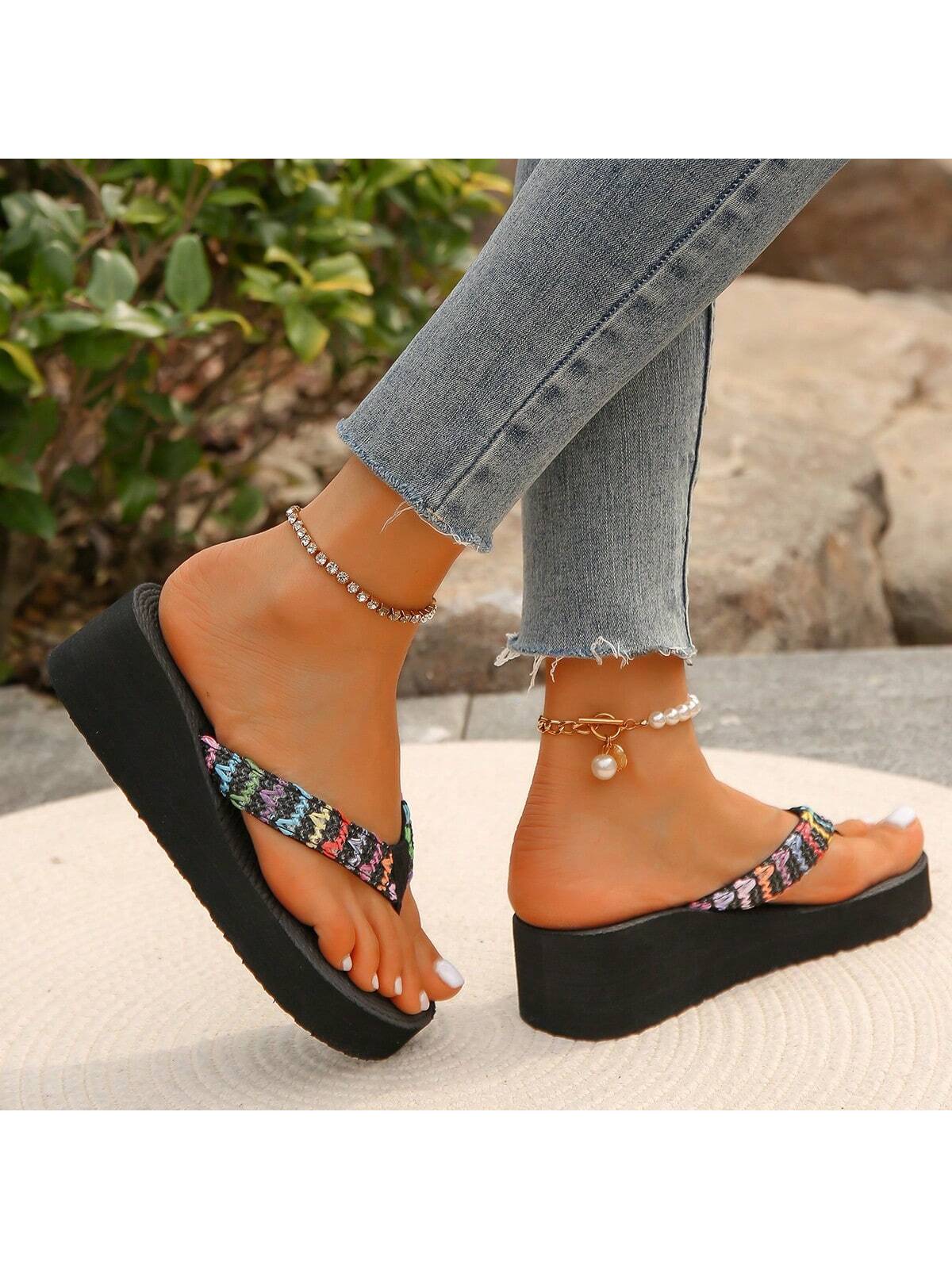 Women Thick-Soled 5cm Wedge Heel  Rope Flip-Flops Shoes, Anti-Slip And Wear-Resistant, Suitable For Casual Beach Holiday, Summer Wind Slope Heeled Slippers-Black-6