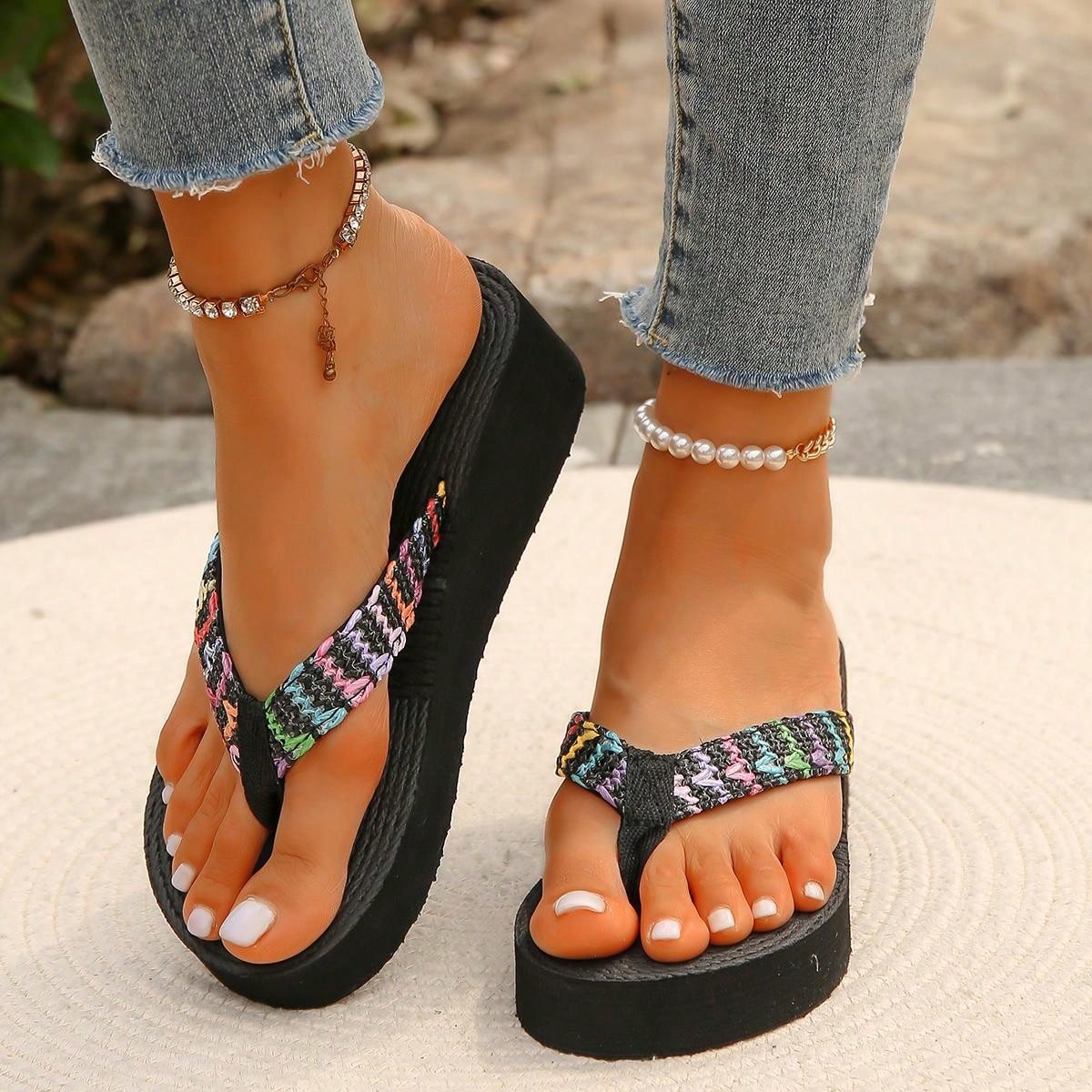 Women Thick-Soled 5cm Wedge Heel  Rope Flip-Flops Shoes, Anti-Slip And Wear-Resistant, Suitable For Casual Beach Holiday, Summer Wind Slope Heeled Slippers-Black-9