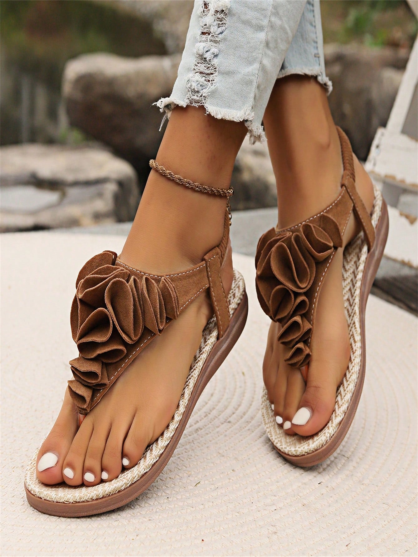 2024 Summer New Roman Style Women's Sandals, Open-Toed Flat Casual Lady Shoes, Teenage Girls' Beach Sandals-Brown-3