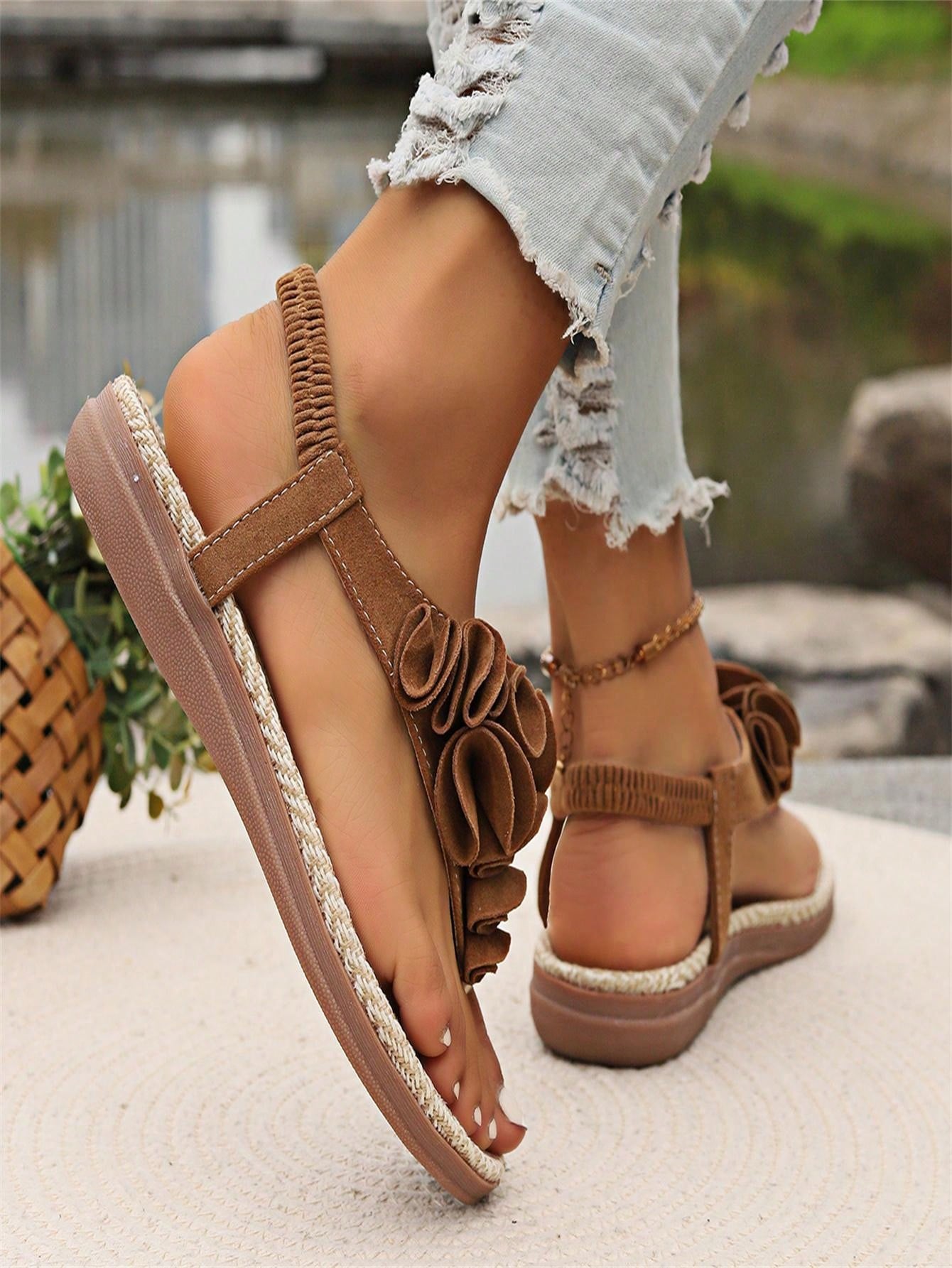 2024 Summer New Roman Style Women's Sandals, Open-Toed Flat Casual Lady Shoes, Teenage Girls' Beach Sandals-Brown-4