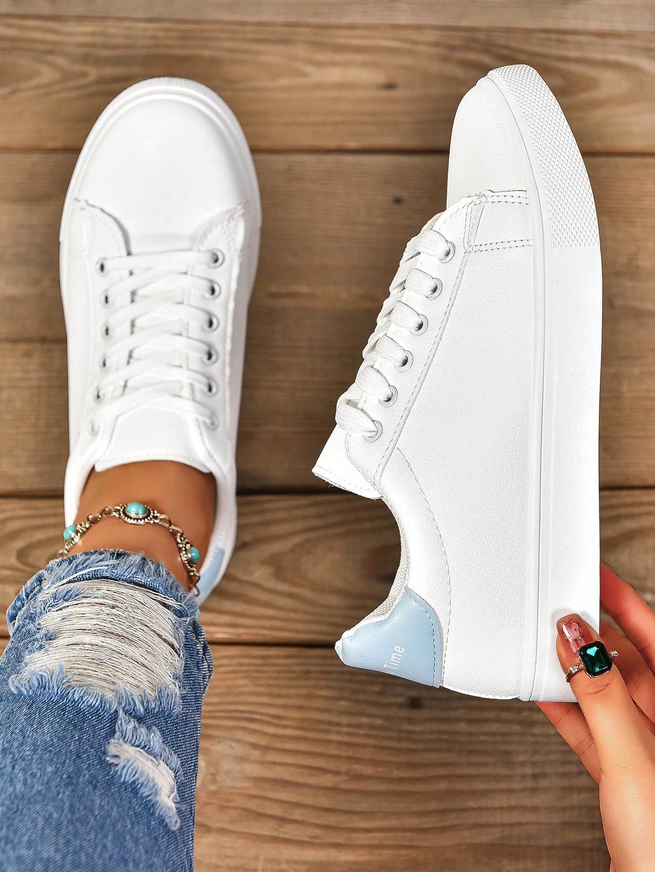 Spring/Summer Low-Cut White Sneakers, All-Match Sporty Casual Shoes, Breathable Flat-Heel Skate Shoes, Strappy Lightweight Single Shoes, White Leather Classic Student Shoes-Blue-2