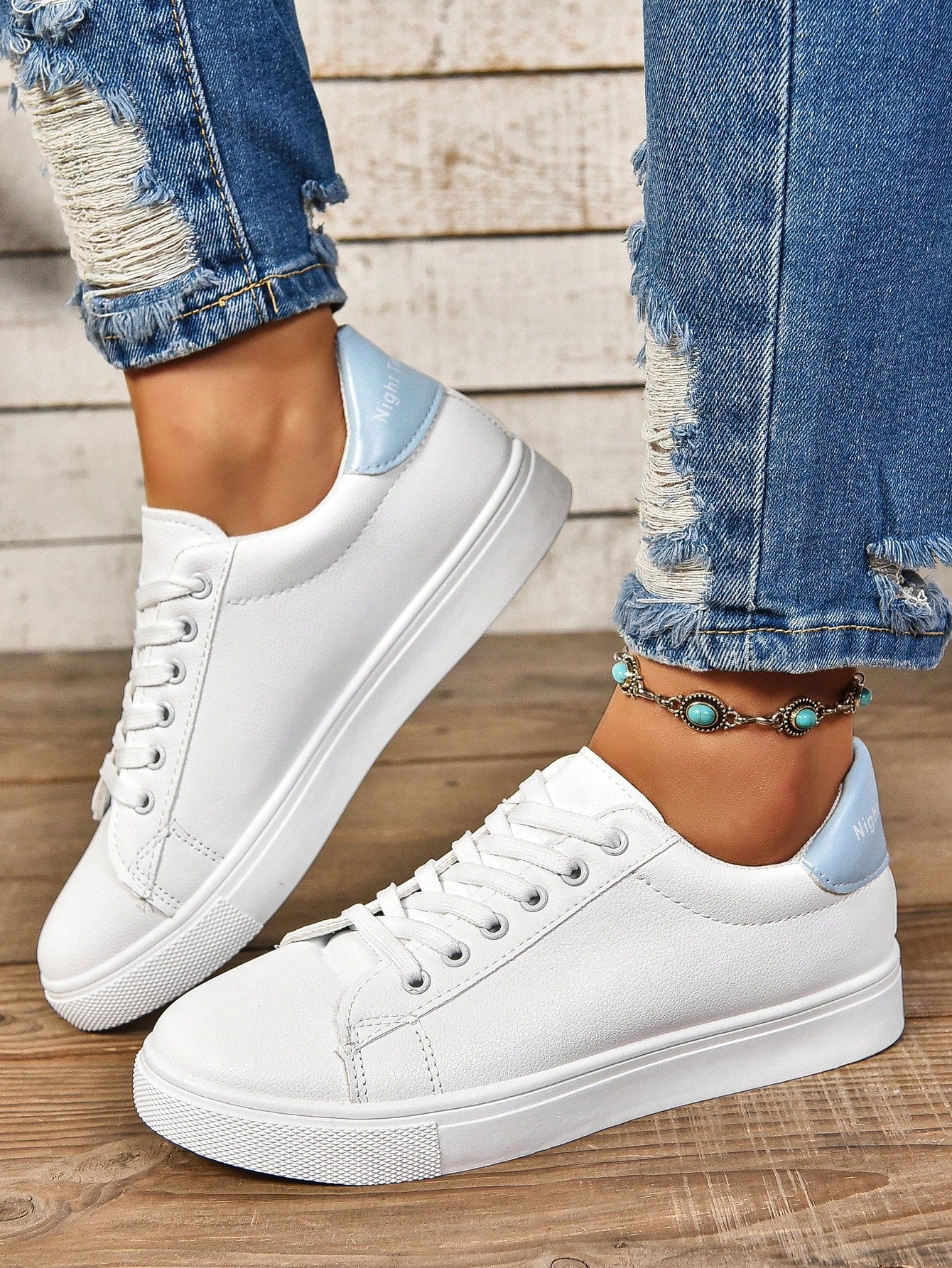 Spring/Summer Low-Cut White Sneakers, All-Match Sporty Casual Shoes, Breathable Flat-Heel Skate Shoes, Strappy Lightweight Single Shoes, White Leather Classic Student Shoes-Blue-1