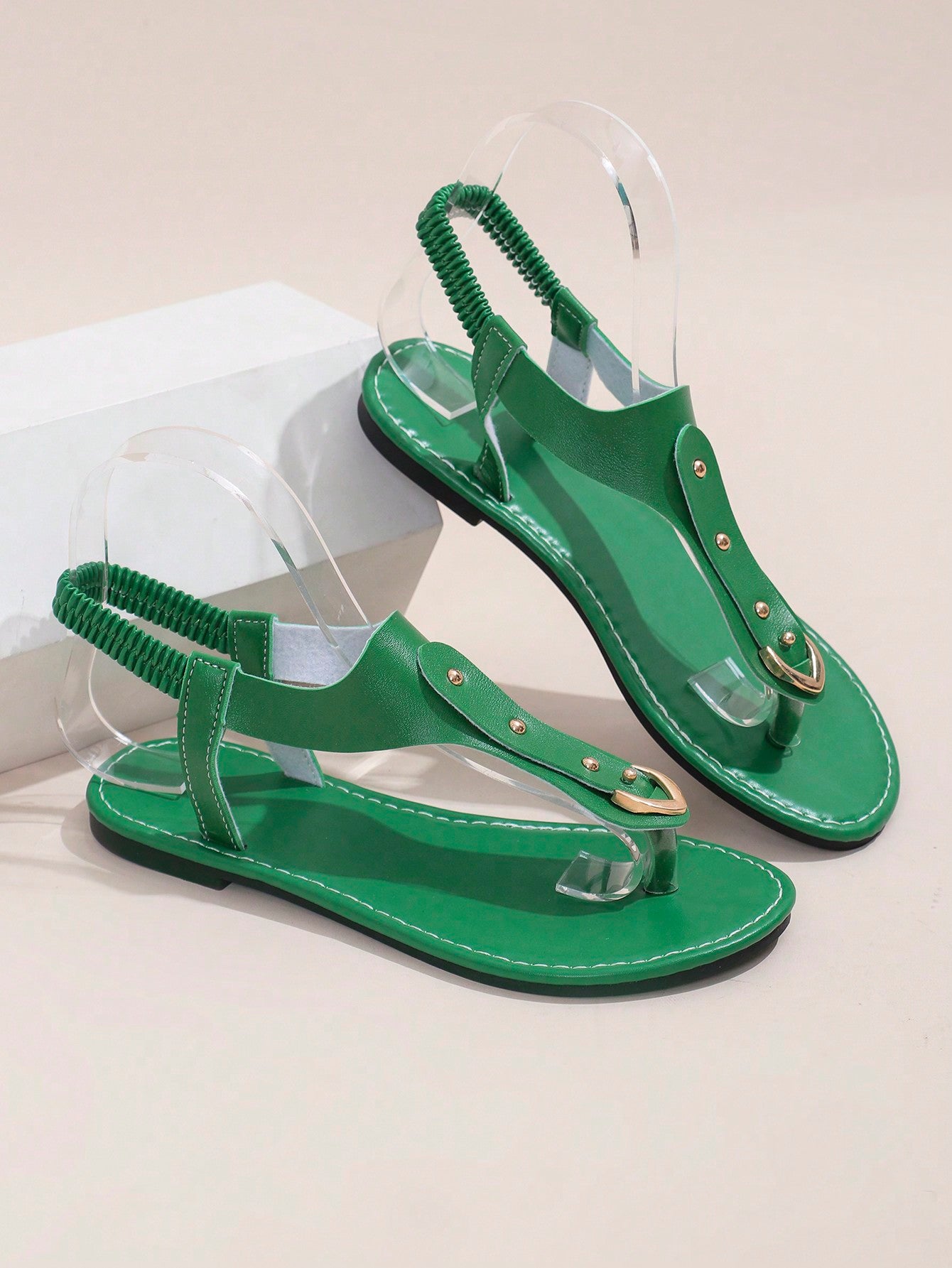 New Women Casual Beach Party Home Comfort Slip-On Buckle Decorated Toe Ring Flat Sandals-Green-7