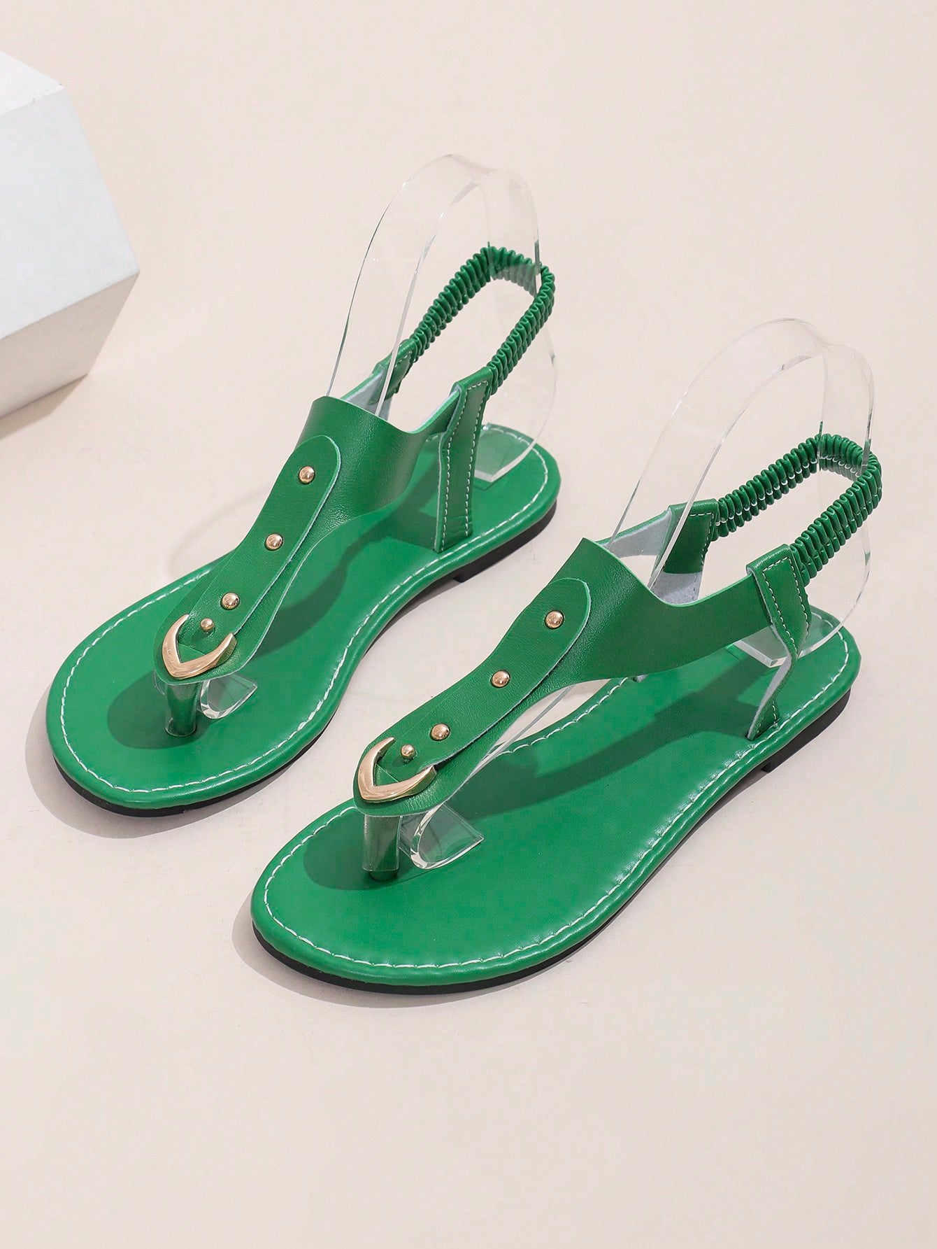 New Women Casual Beach Party Home Comfort Slip-On Buckle Decorated Toe Ring Flat Sandals-Green-6