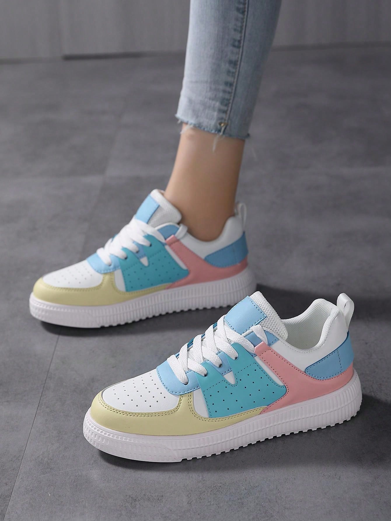 Fashionable Women Sports Shoes, Minimalist Style Classic White Casual Skate Shoes, Solid Color Daily All-Matching Round Toe Thick-Soled Height Increasing Outdoor Hiking Sneakers-Blue and White-10