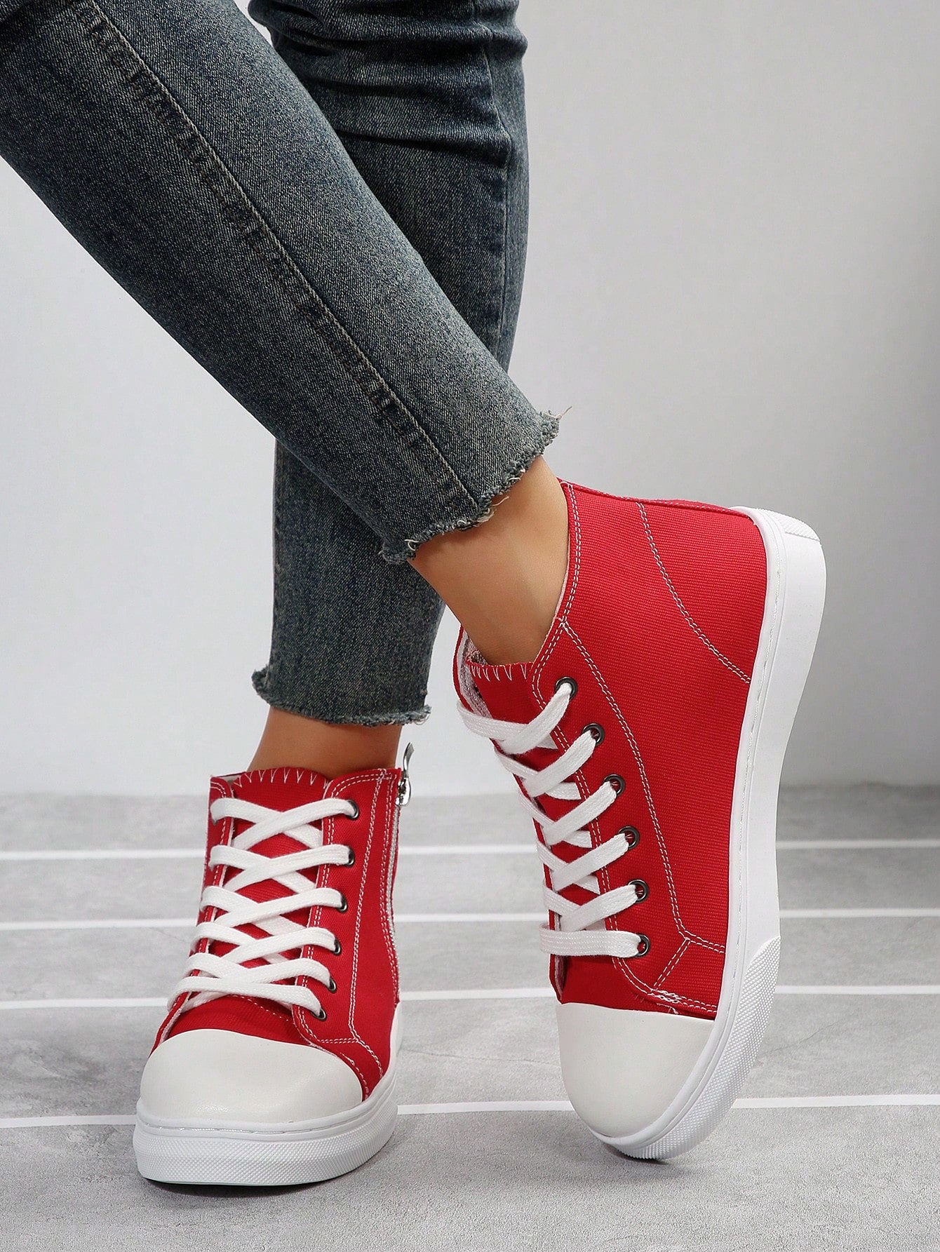 Women Fashionable Soft Classic Round Toe Lace-Up Canvas High-Top Casual Sports Shoes For All Seasons-Red-3