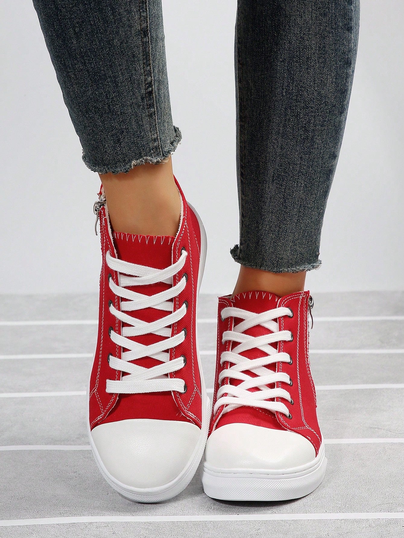 Women Fashionable Soft Classic Round Toe Lace-Up Canvas High-Top Casual Sports Shoes For All Seasons-Red-4