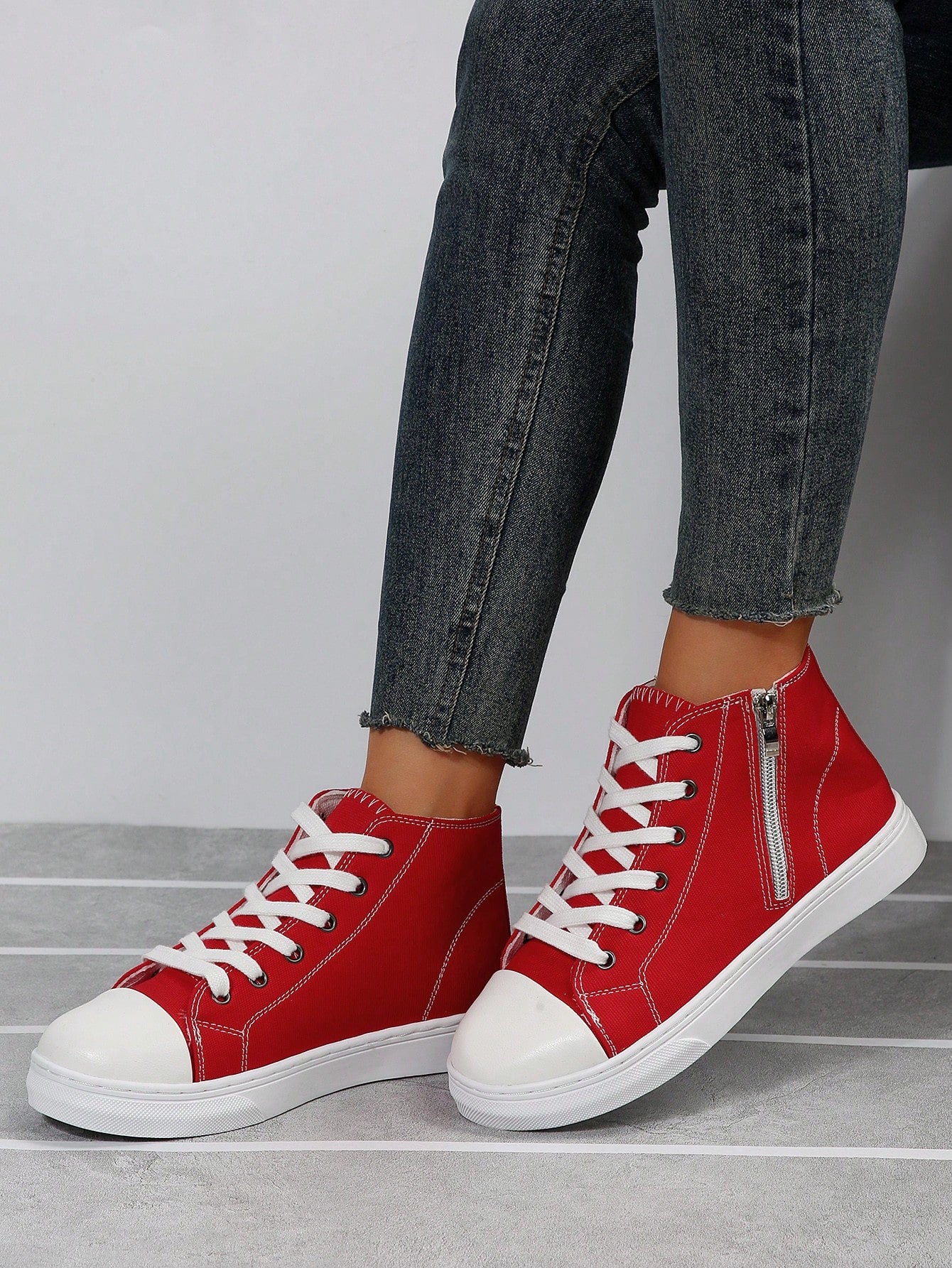 Women Fashionable Soft Classic Round Toe Lace-Up Canvas High-Top Casual Sports Shoes For All Seasons-Red-2