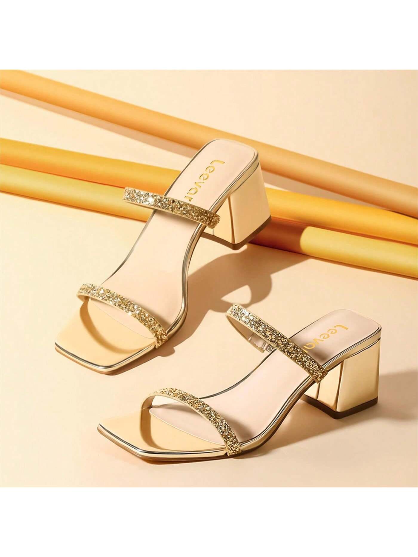 2.25IN Open Toe Ankle Strap Chunky Heels - Slip On Heeled Sandal Mule- Nude Black Strappy Heels For Party Wedding Dress Shoes-Gold-1