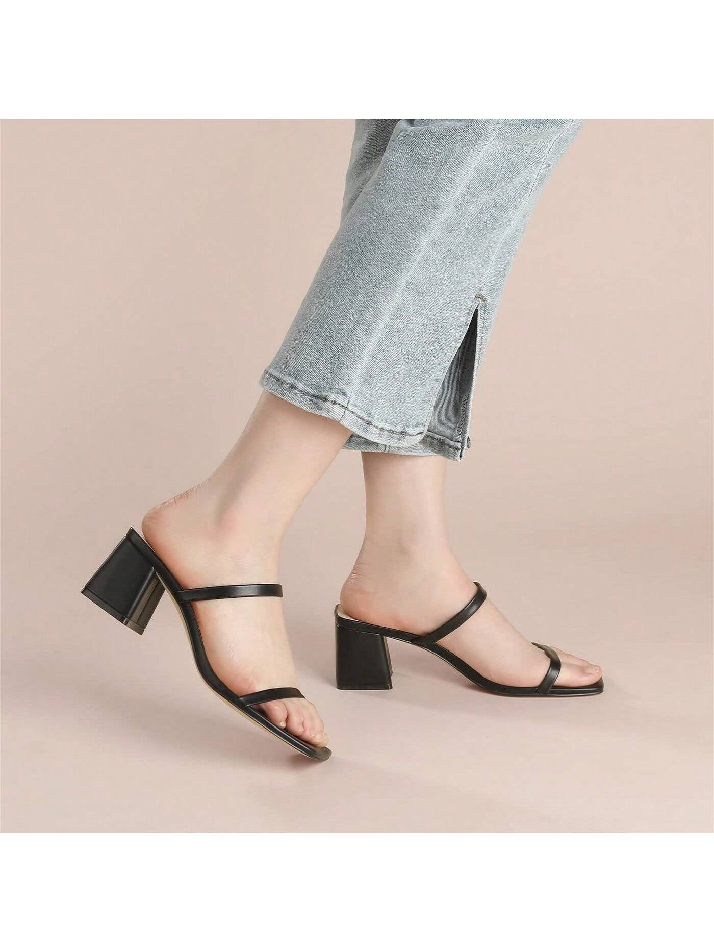 2.25IN Open Toe Ankle Strap Chunky Heels - Slip On Heeled Sandal Mule- Nude Black Strappy Heels For Party Wedding Dress Shoes-BLACK PU-2