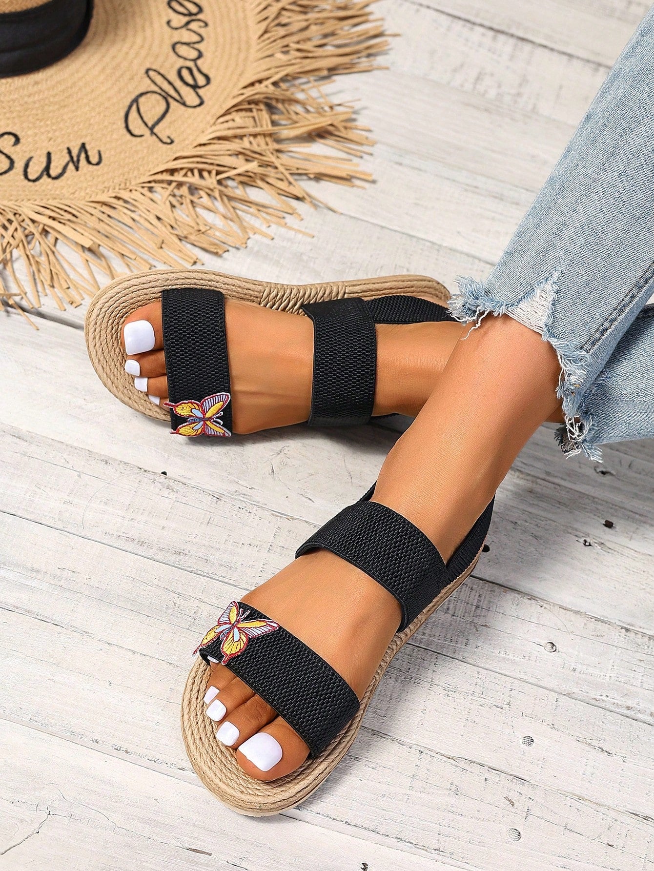 Women Summer Fashionable Simple Butterfly & Flowers Trendy Flat Sandals Black With Elastic Strap And Soft Sole Beach Hawaii Style Slippers-Black-2
