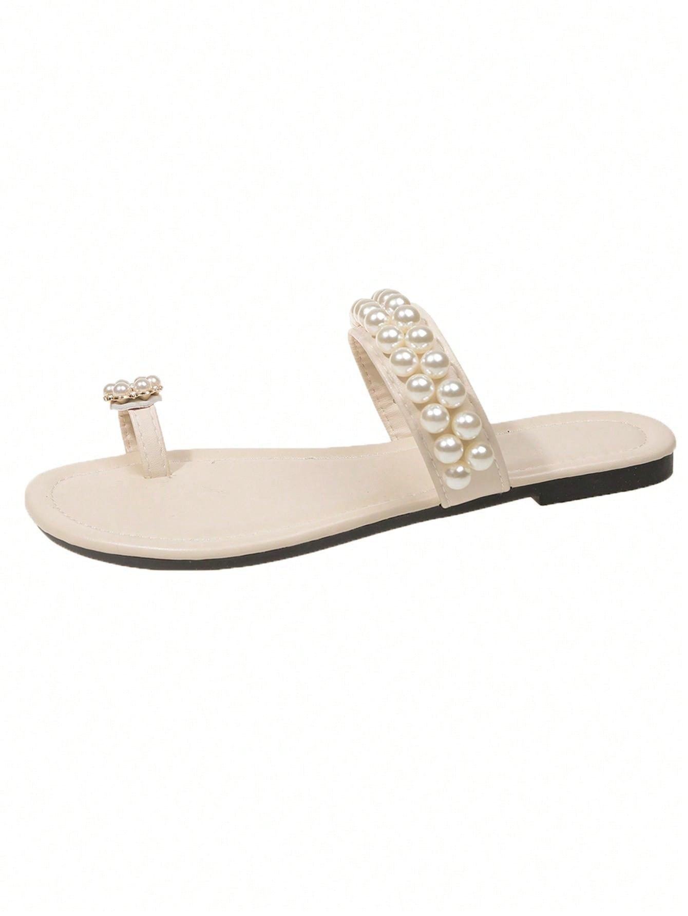 Women Flat Sandals With Pearl Rhinestone Decoration, Vacation Style Slip-On Slippers With Round Toe And Low Heel, Elegant Flat Slippers-Beige-11